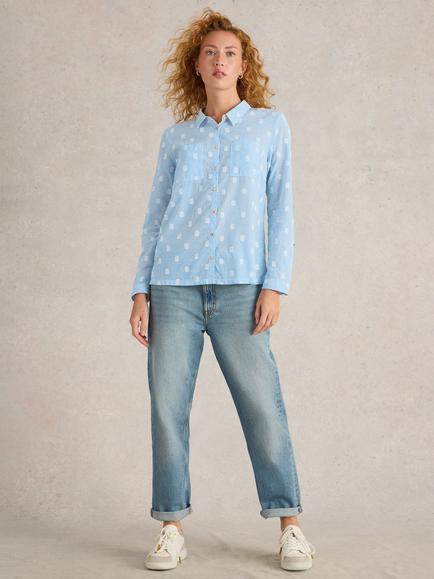 White Stuff Sophie Embroidered Square Pure Organic Cotton Shirt, Blue/Multi, Blue/Multi