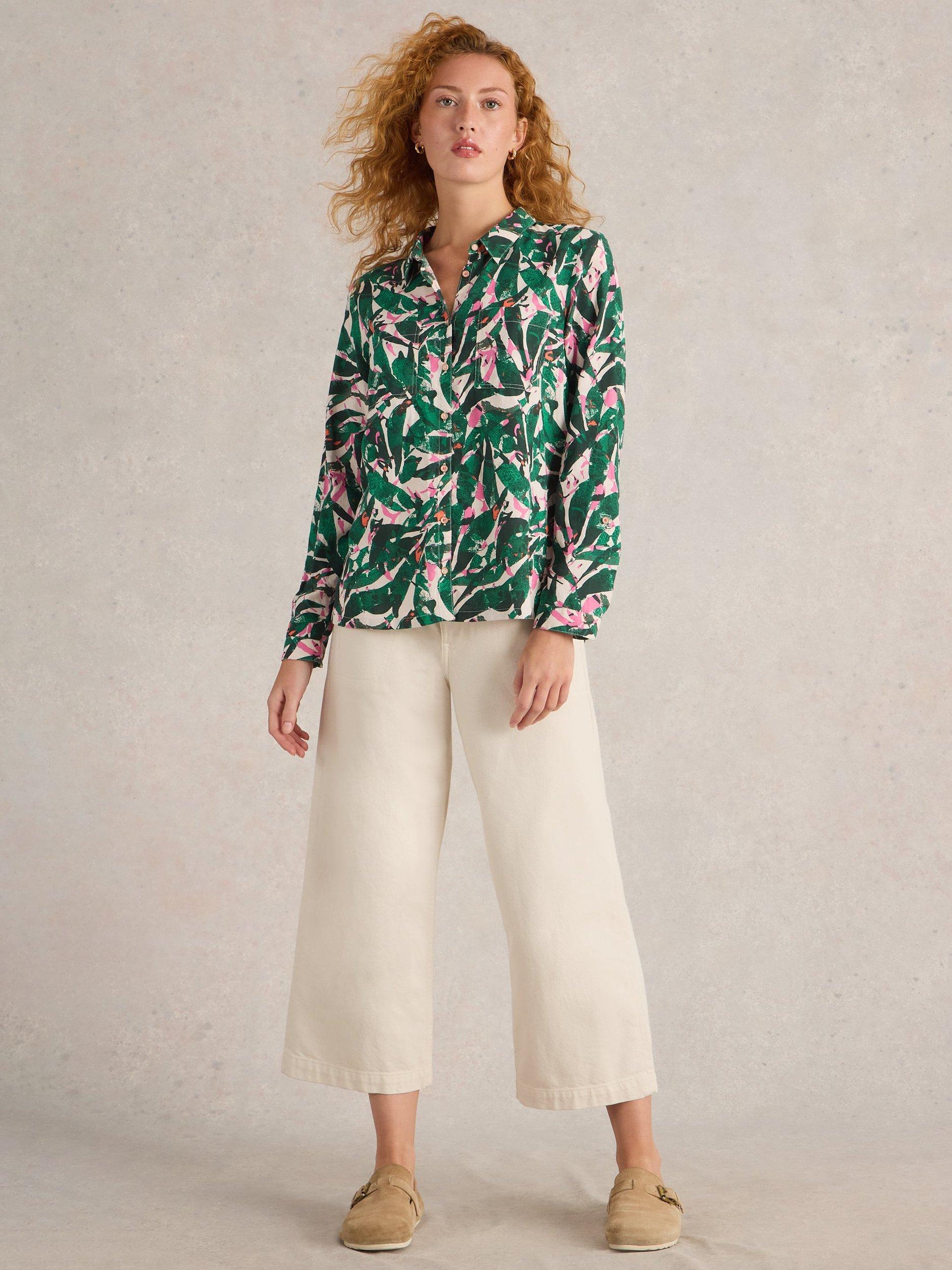 Product image 1 of 6, which shows White Stuff Sophie Palms Pure Organic Cotton Shirt, Green/Multi, 8