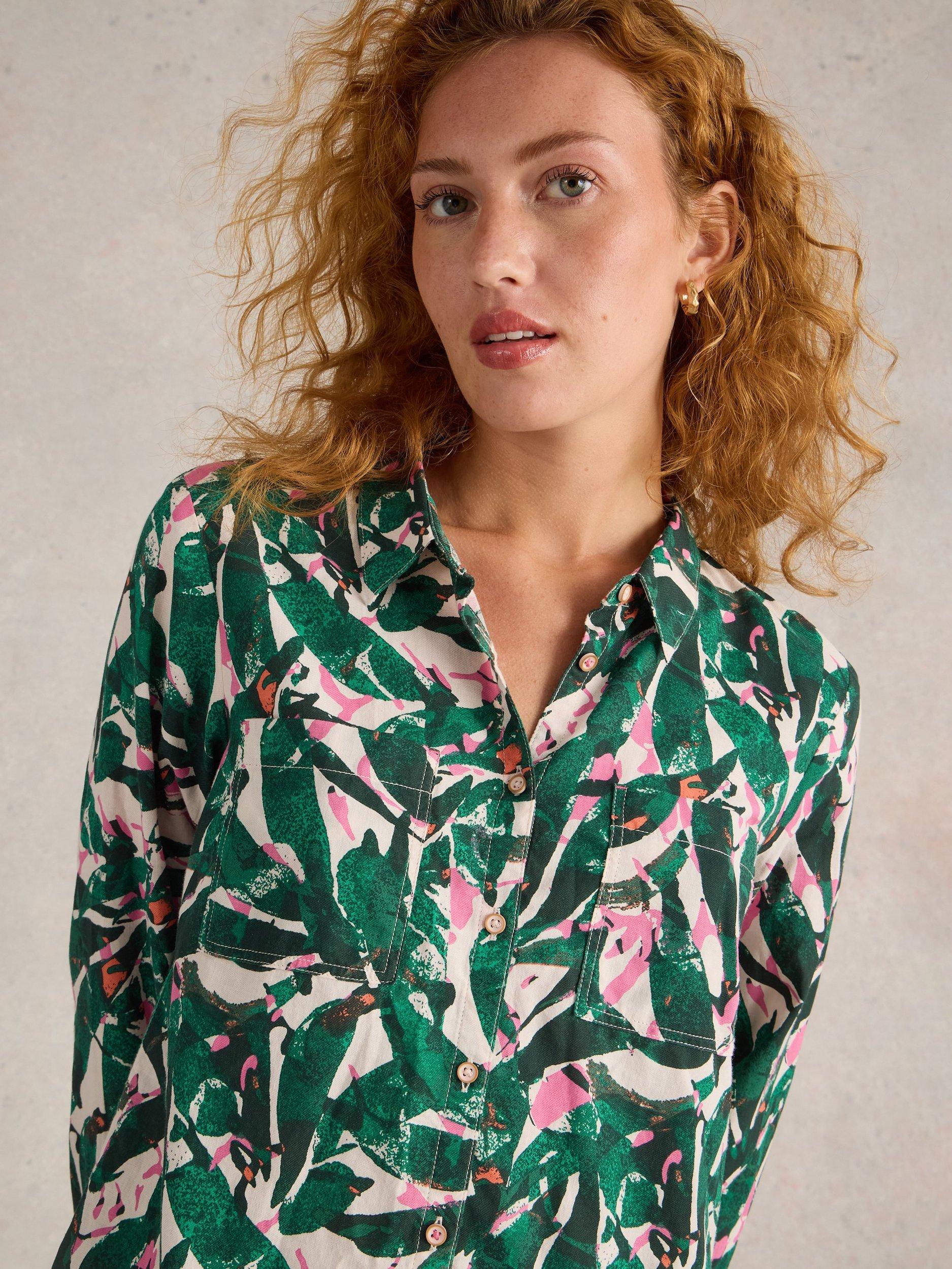 Product image 3 of 6, which shows White Stuff Sophie Palms Pure Organic Cotton Shirt, Green/Multi, 8