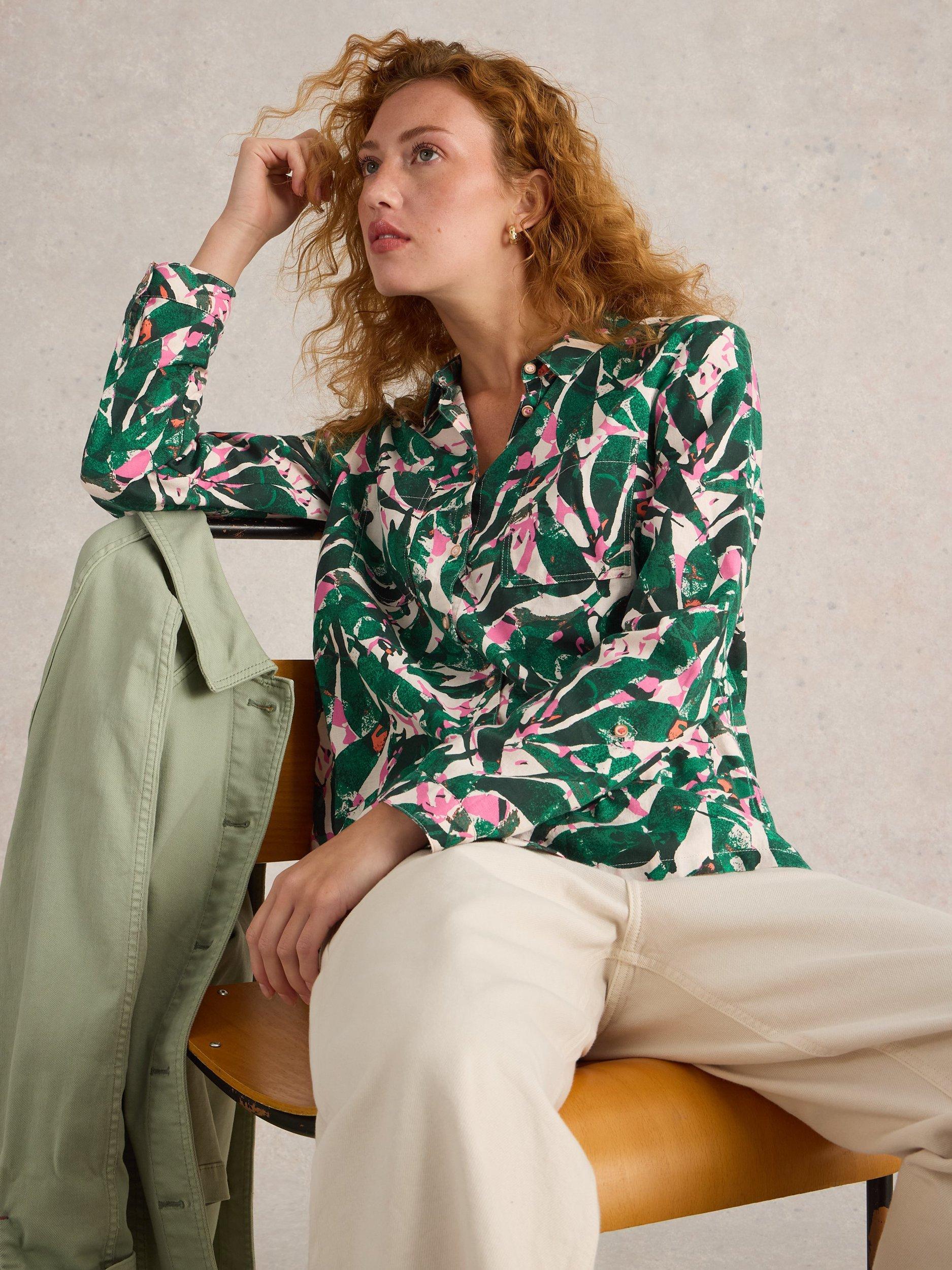 Product image 4 of 6, which shows White Stuff Sophie Palms Pure Organic Cotton Shirt, Green/Multi, 8