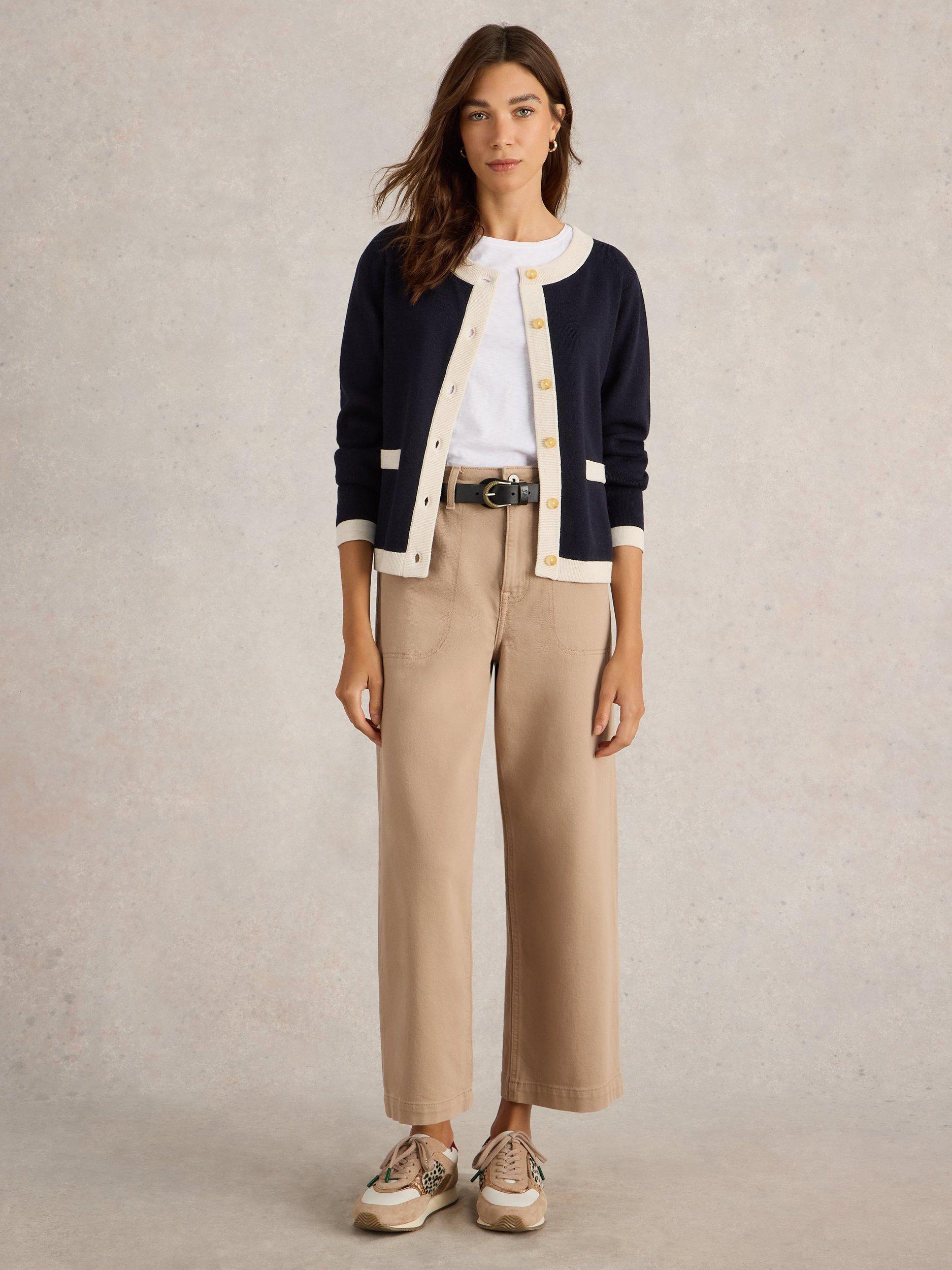 Product image 1 of 1, which shows White Stuff Charlotte Contrast Pure Organic Cotton Cardigan, Navy/Multi, 6