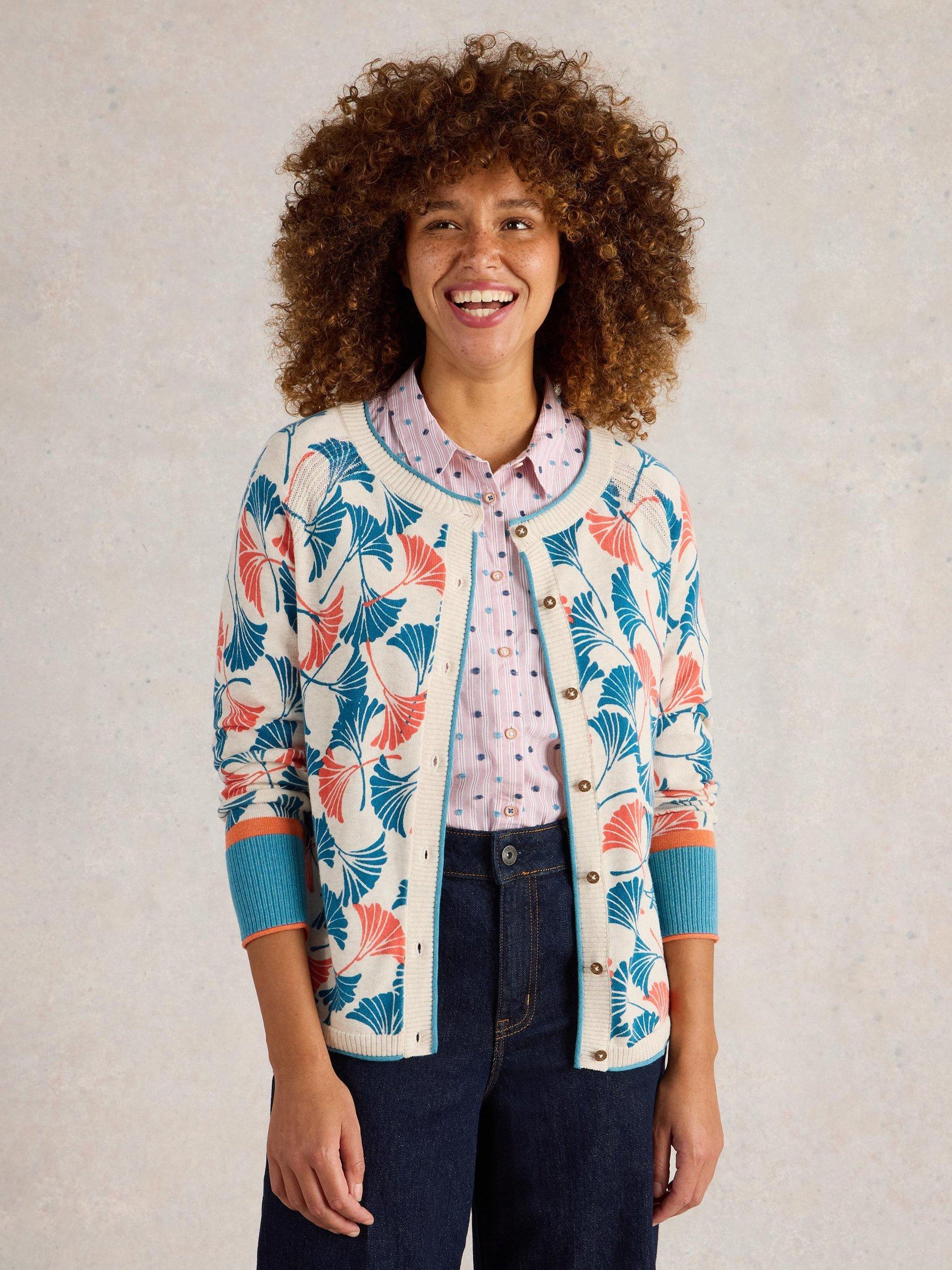 Product image 4 of 6, which shows White Stuff Lulu Floral Pure Organic Cotton Cardigan, Natural/Multi, 6
