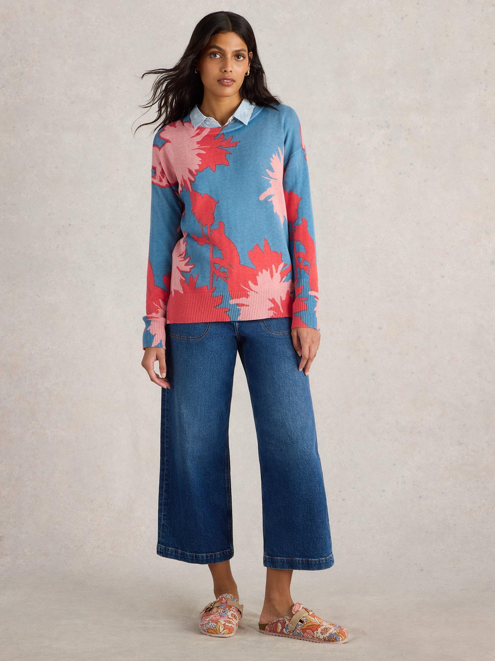Product image 1 of 1, which shows White Stuff Olive Floral Organic Cotton Rich Jumper, Blue/Multi, 6