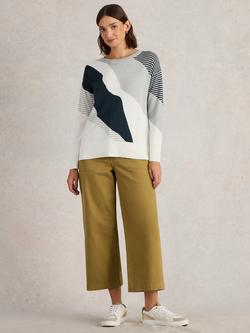 White Stuff Olive Abstract Stripe Organic Cotton Blend Jumper, Grey/Multi, Grey/Multi