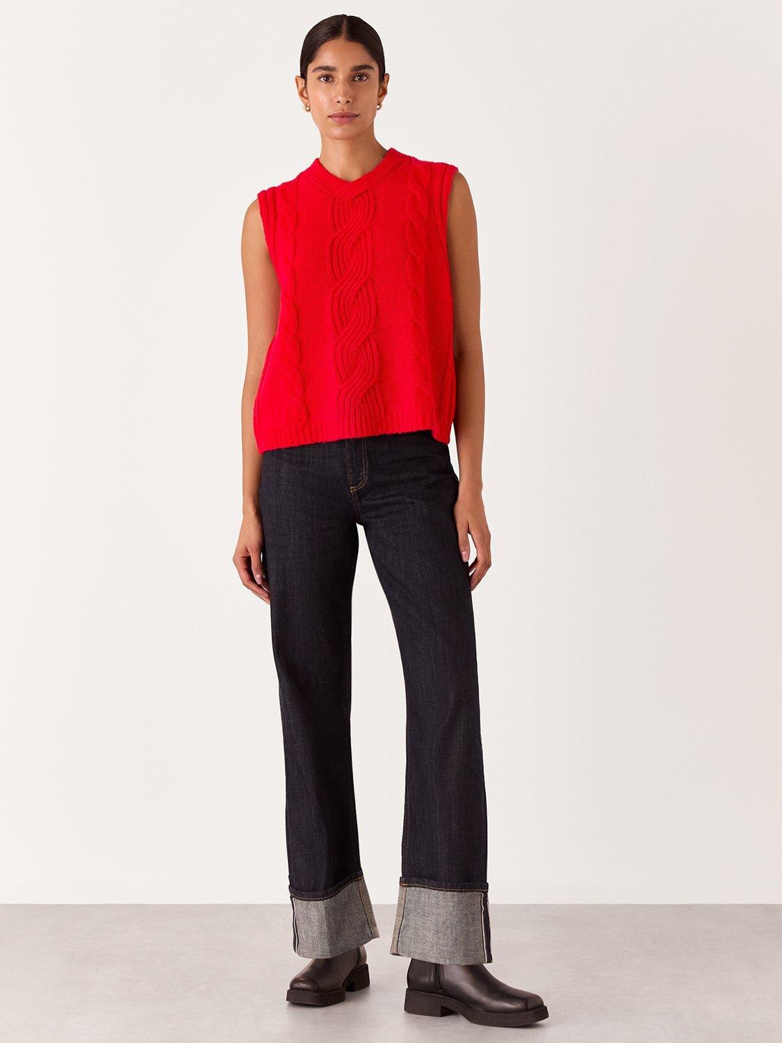 Product image 1 of 7, which shows Whistles Wool Blend Cable Detail Sleeveless Knit, Red, XS