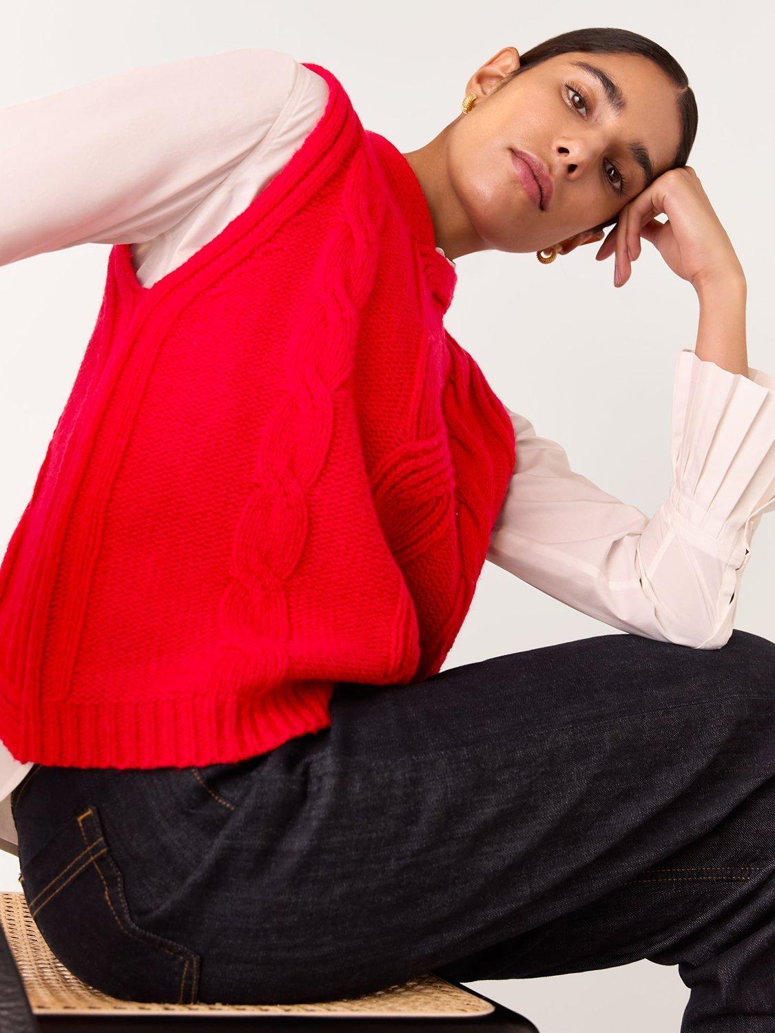 Product image 3 of 7, which shows Whistles Wool Blend Cable Detail Sleeveless Knit, Red, XS