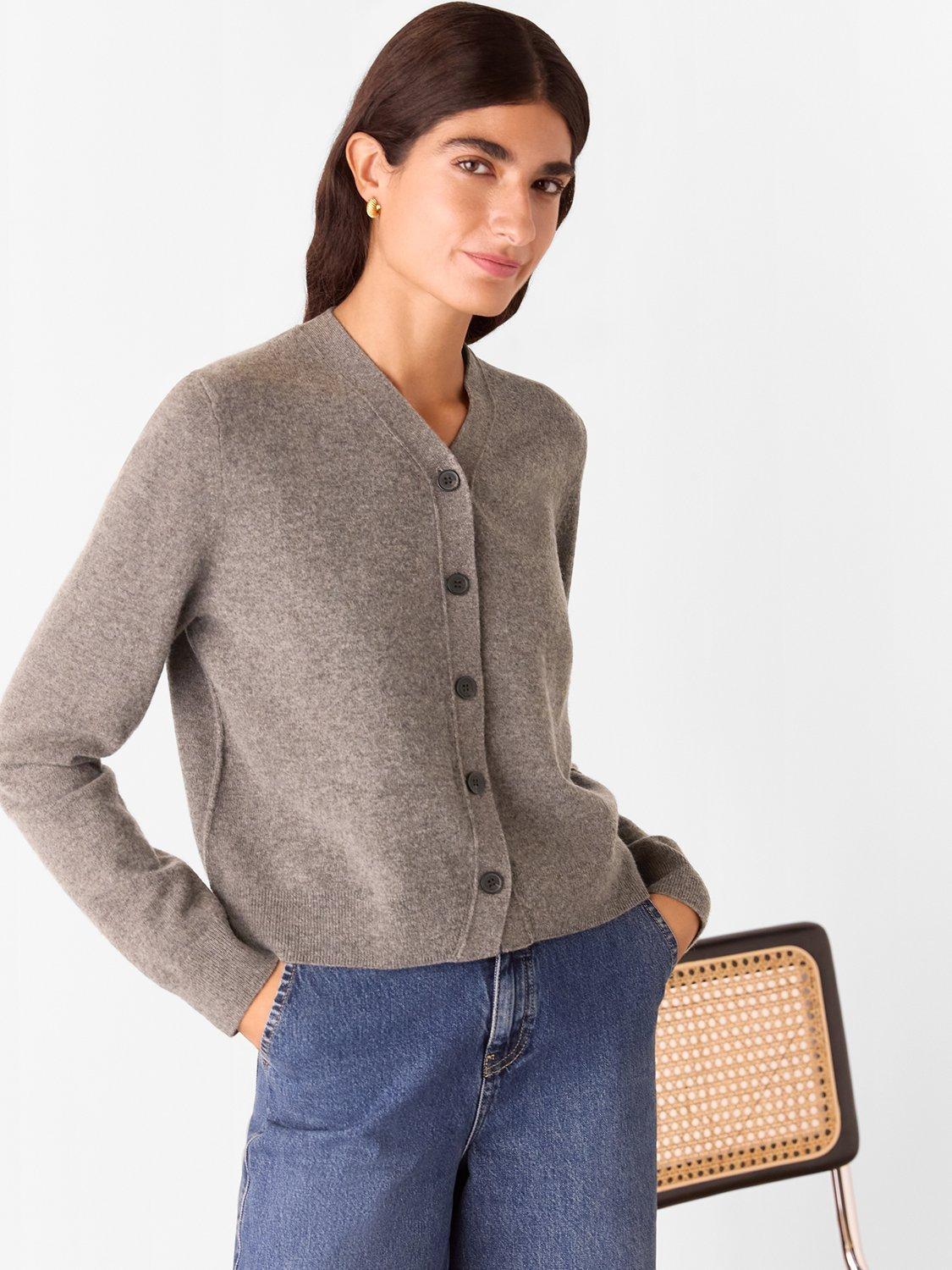 Product image 1 of 5, which shows Whistles V-Neck Pure Wool Cardigan, Neutral, XS