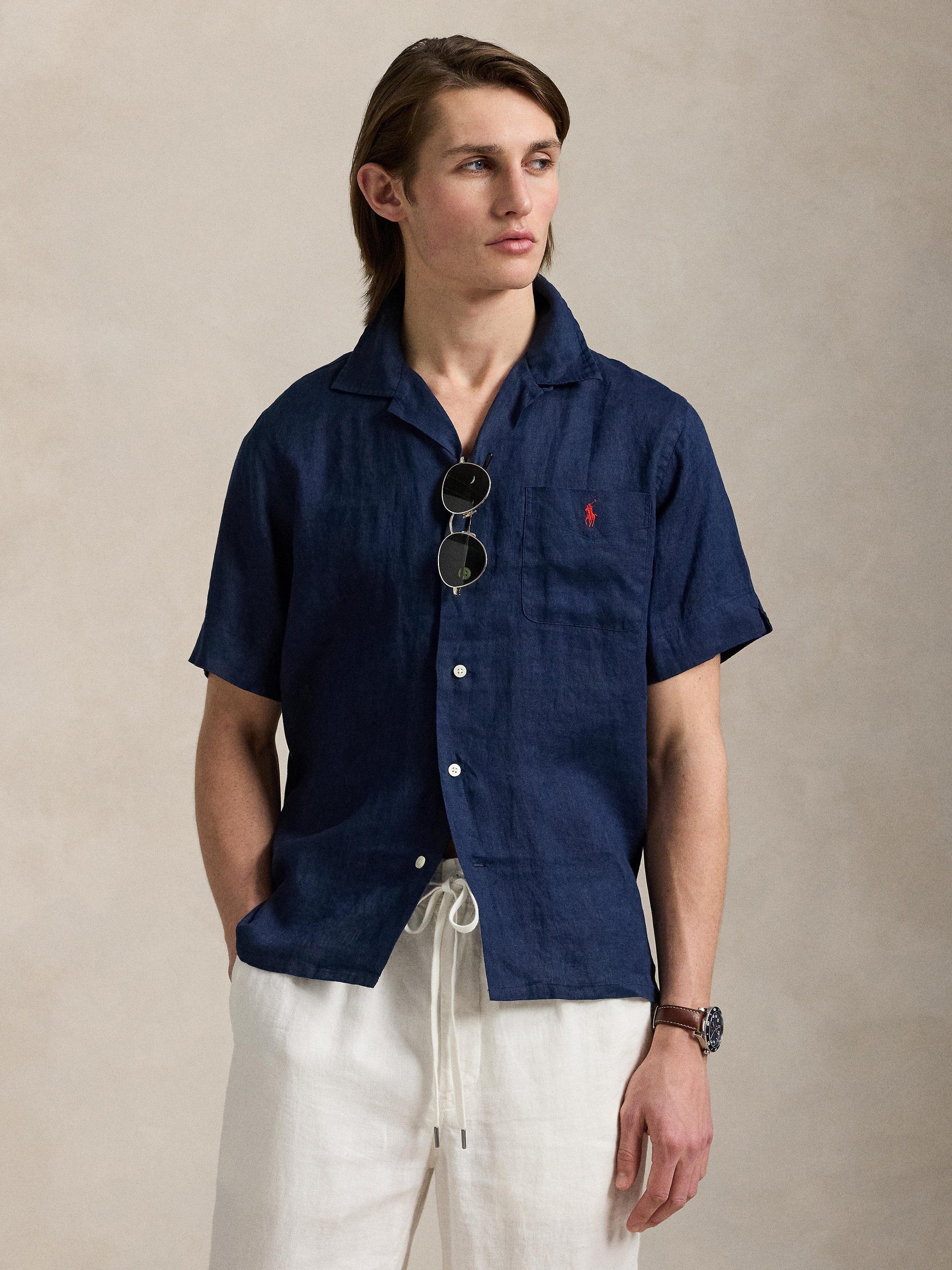 Product image 1 of 5, which shows Polo Ralph Lauren Linen Regular Fit Camp Collar Shirt, Newport Navy, S