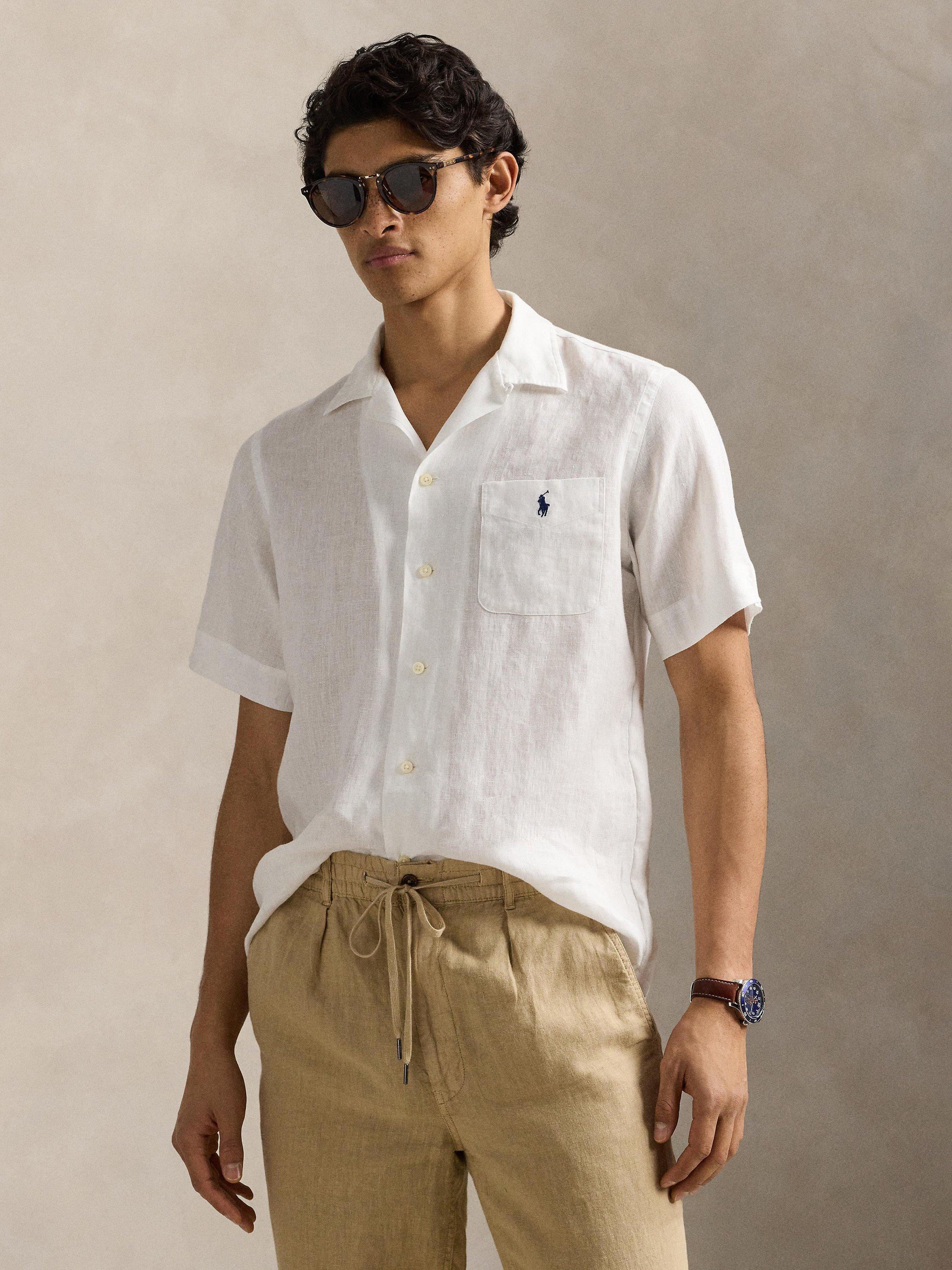 Product image 1 of 5, which shows Polo Ralph Lauren Linen Regular Fit Camp Collar Shirt, Ceramic White, S