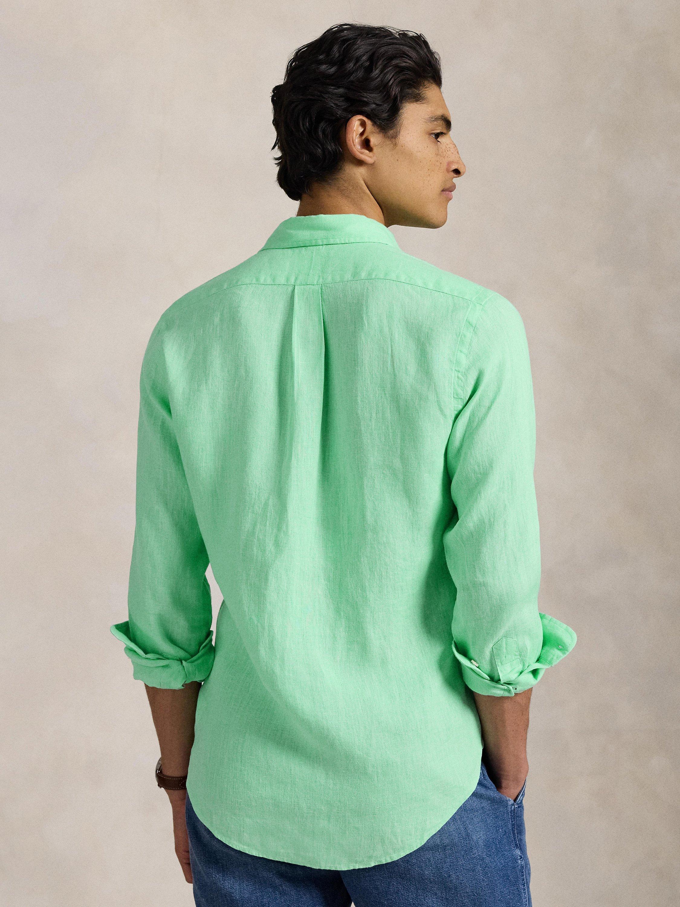 Product image 2 of 5, which shows Polo Ralph Lauren Linen Custom Fit Logo Shirt, Aqua Verde, S