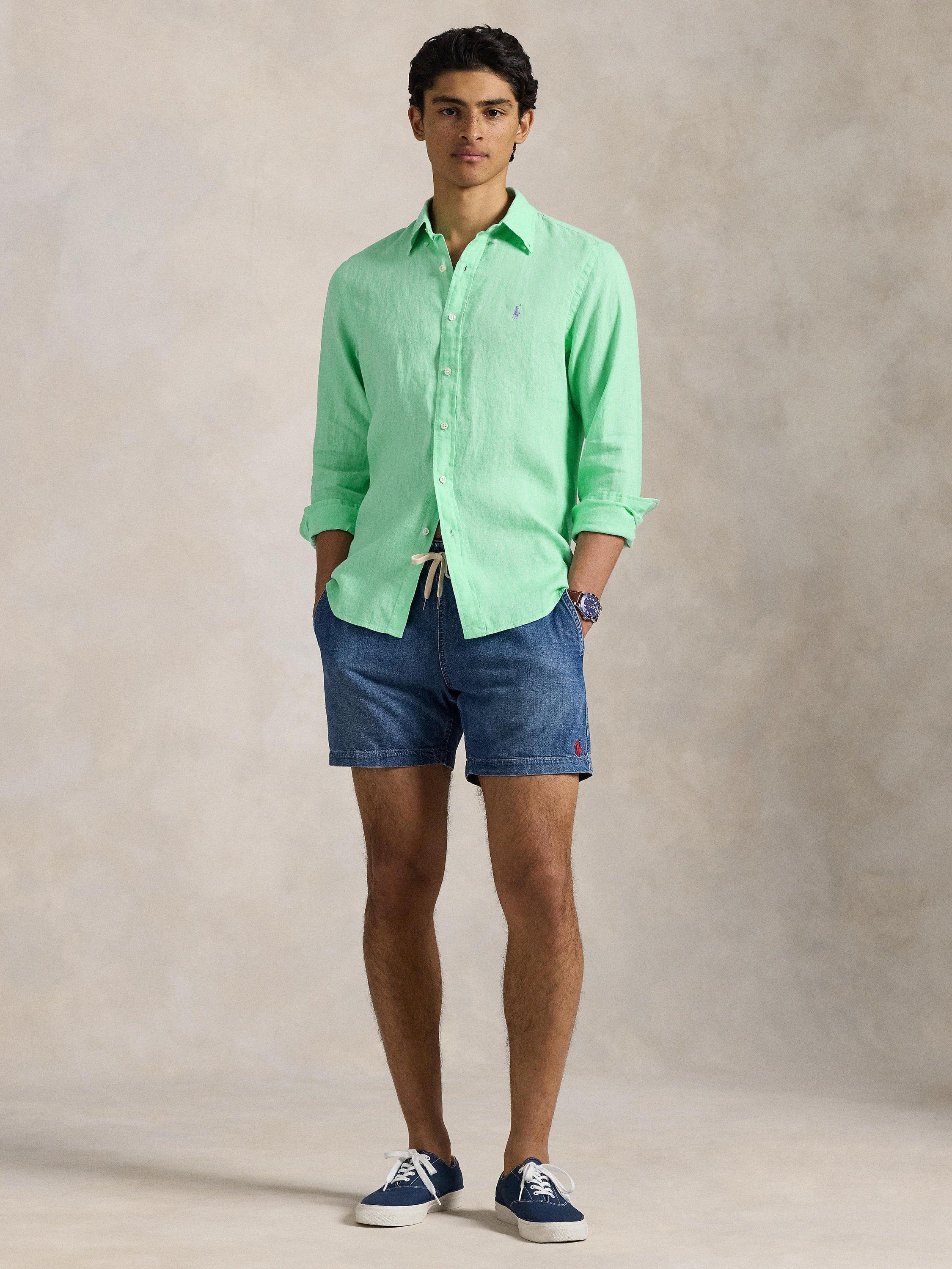 Product image 4 of 5, which shows Polo Ralph Lauren Linen Custom Fit Logo Shirt, Aqua Verde, S