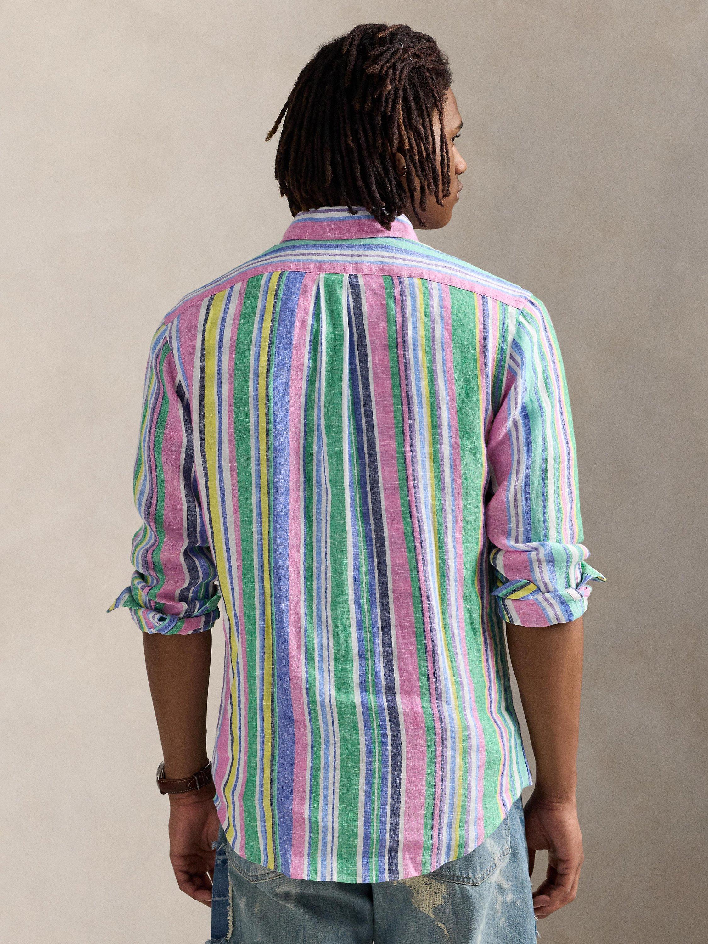 Product image 2 of 5, which shows Polo Ralph Lauren Linen Regular Fit Stripe Shirt, 6695 Grn/Pnk Mlti, S