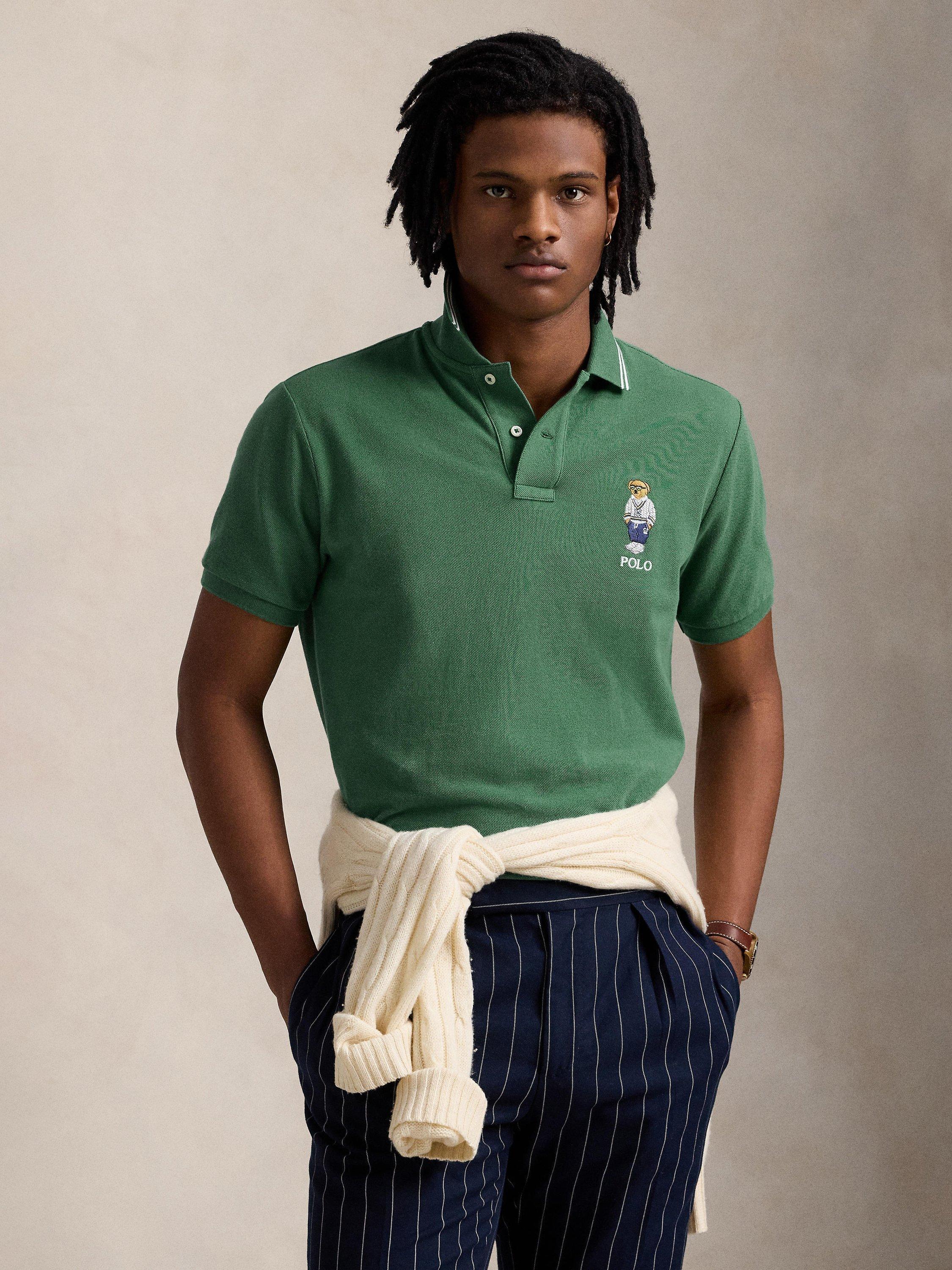 Product image 1 of 5, which shows Polo Ralph Lauren Cotton Polo Bear Regular Fit Polo Shirt, Green bear, S
