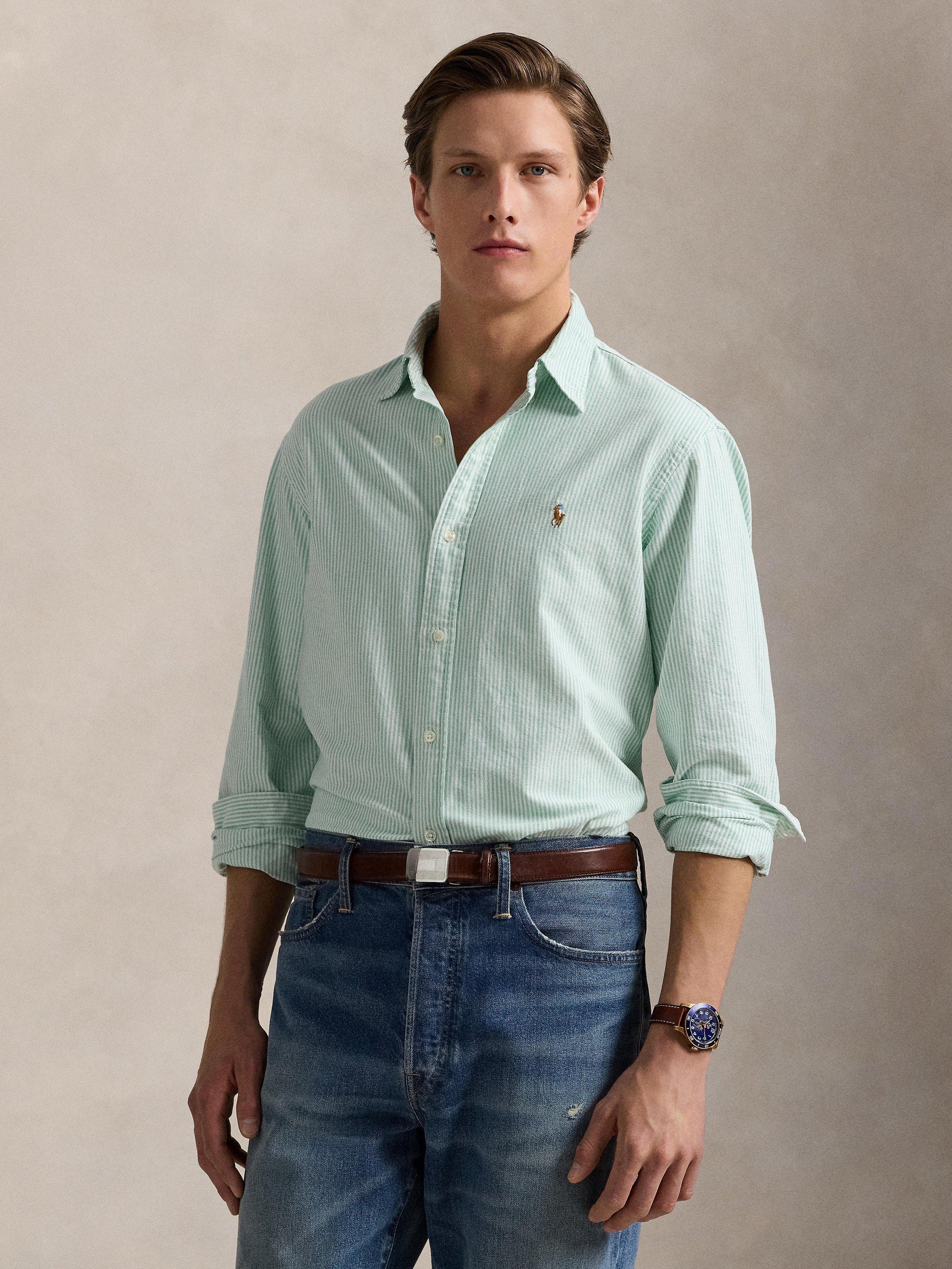 Ralph Lauren Stripe Cotton Regular Fit Oxford Shirt, Summer Emerald/White
