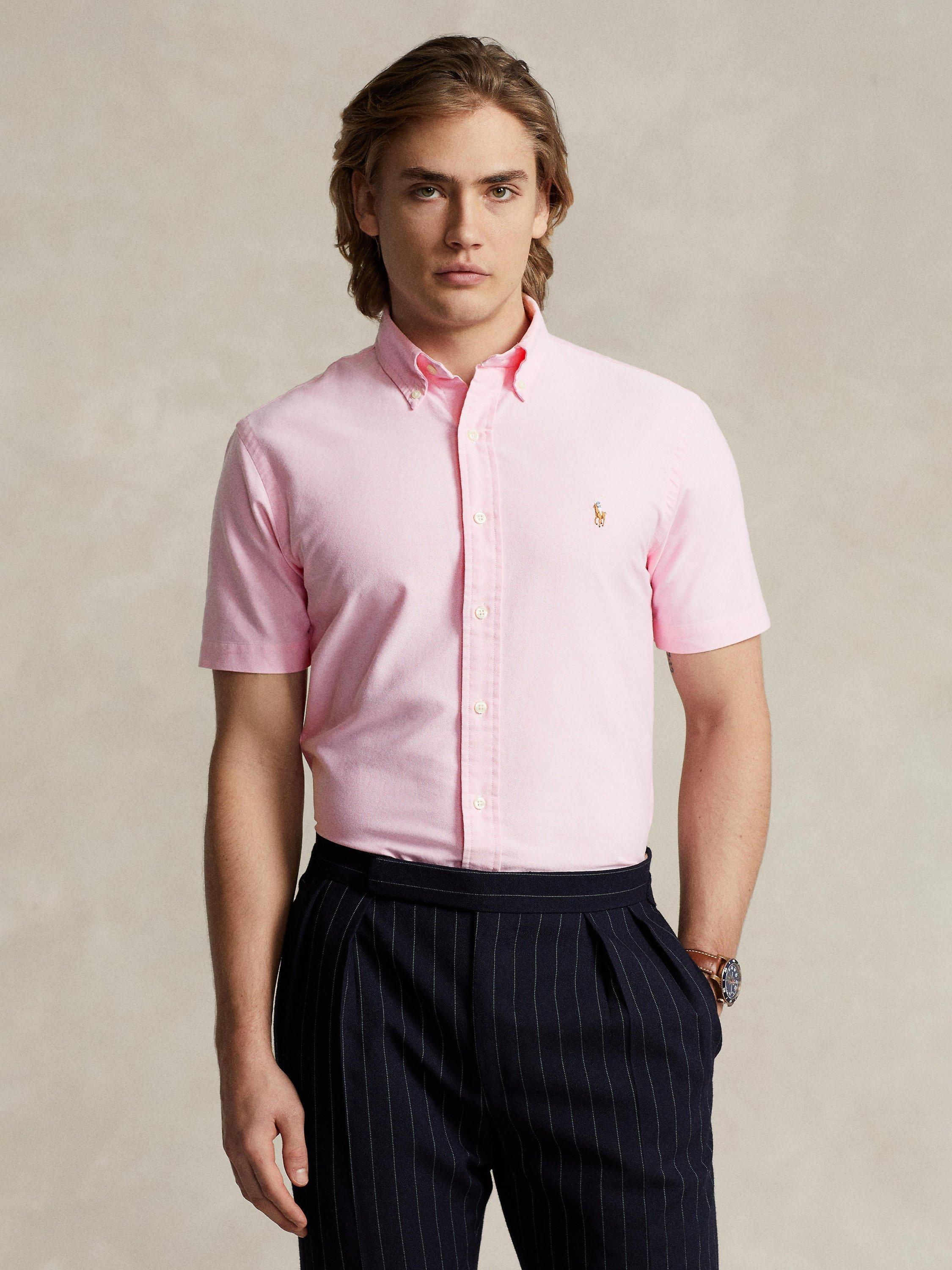 Product image 1 of 4, which shows Ralph Lauren Cotton Short Sleeve Trim Fit Oxford Shirt, New Rose, S