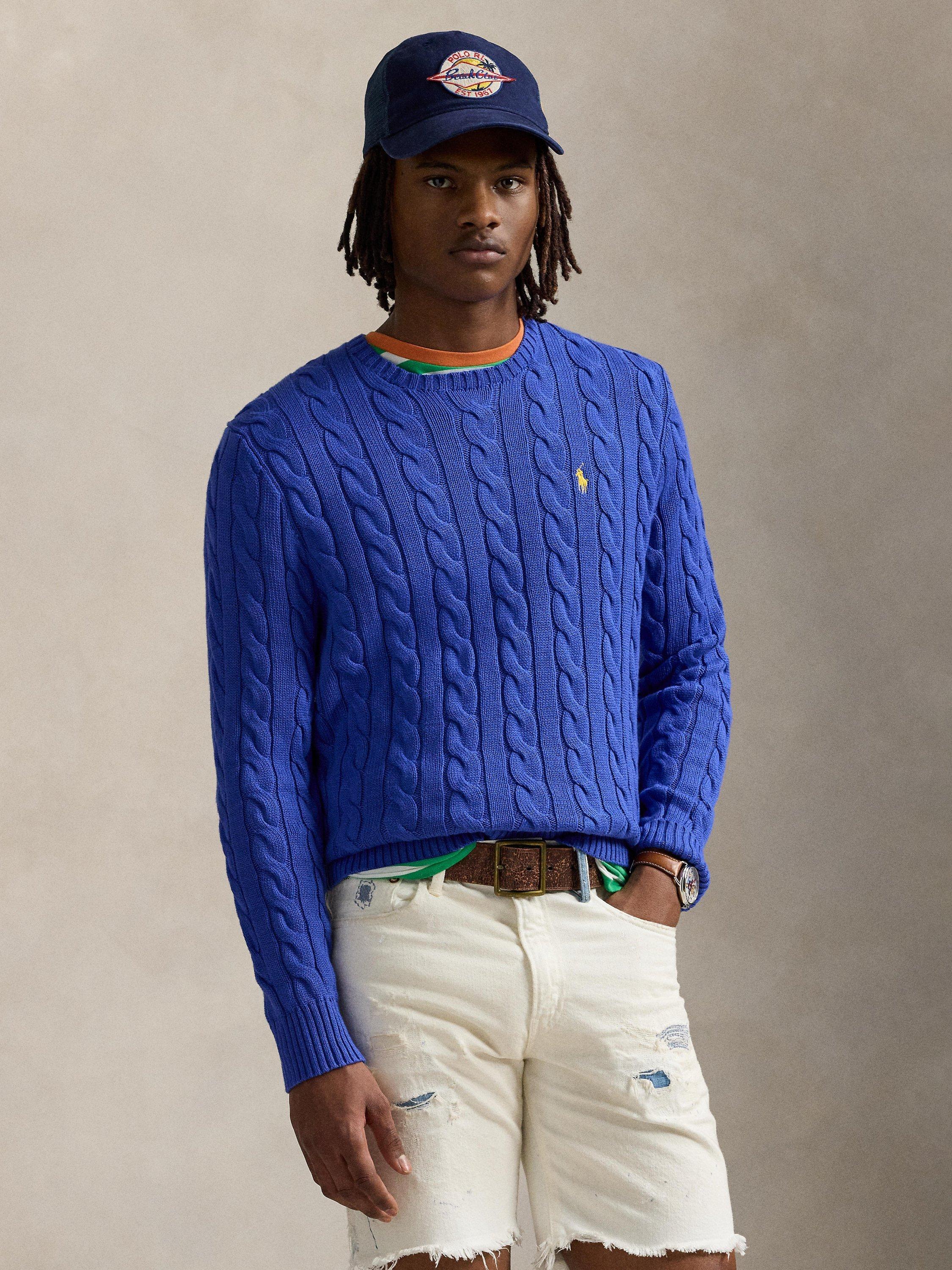 Product image 1 of 6, which shows Ralph Lauren Driver Cable Knit Jumper, Bluebell Bloom, L