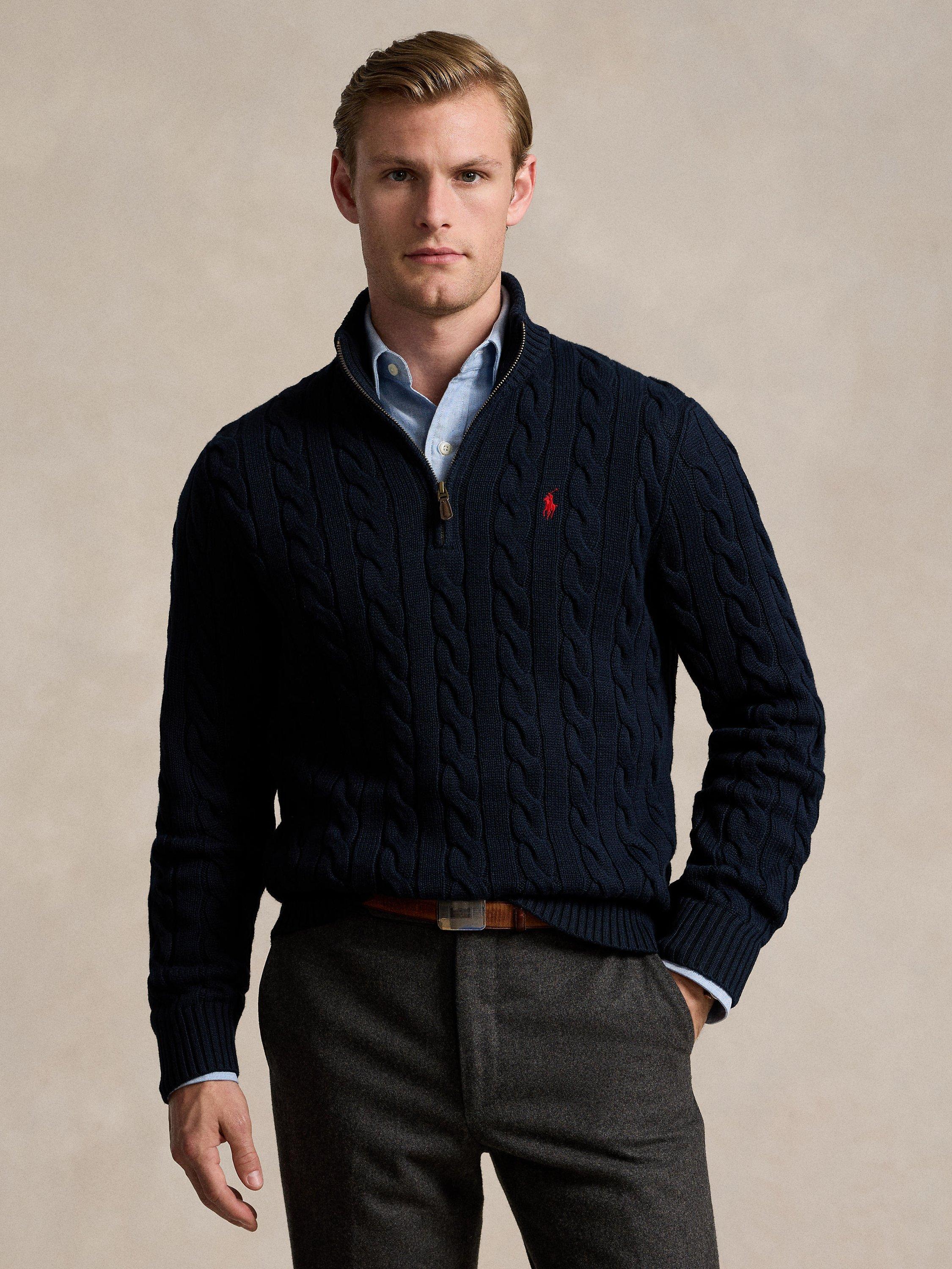 Product image 1 of 4, which shows Ralph Lauren Driver Cable Knit Half Zip Jumper, Hunter Navy, S
