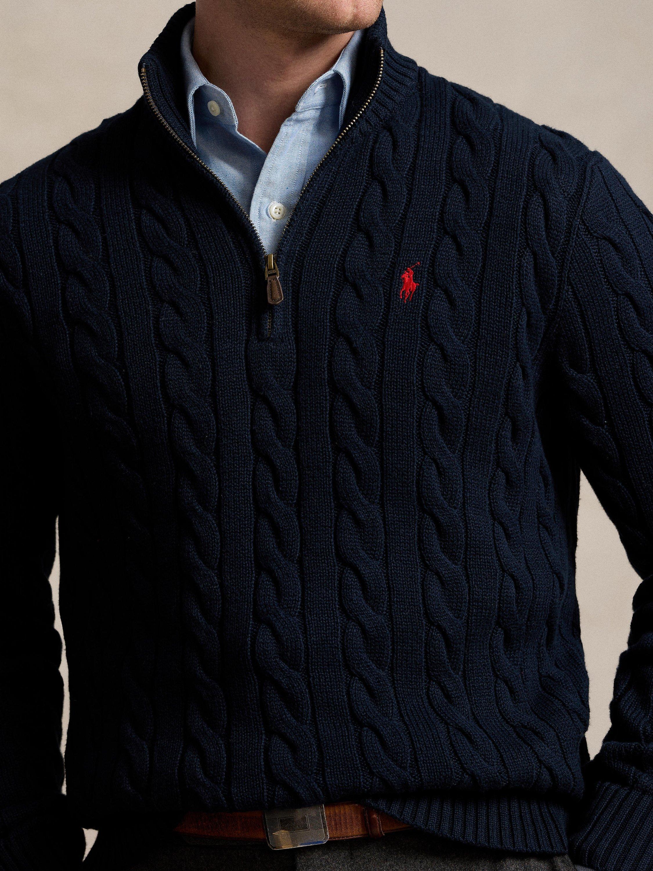 Product image 3 of 4, which shows Ralph Lauren Driver Cable Knit Half Zip Jumper, Hunter Navy, S