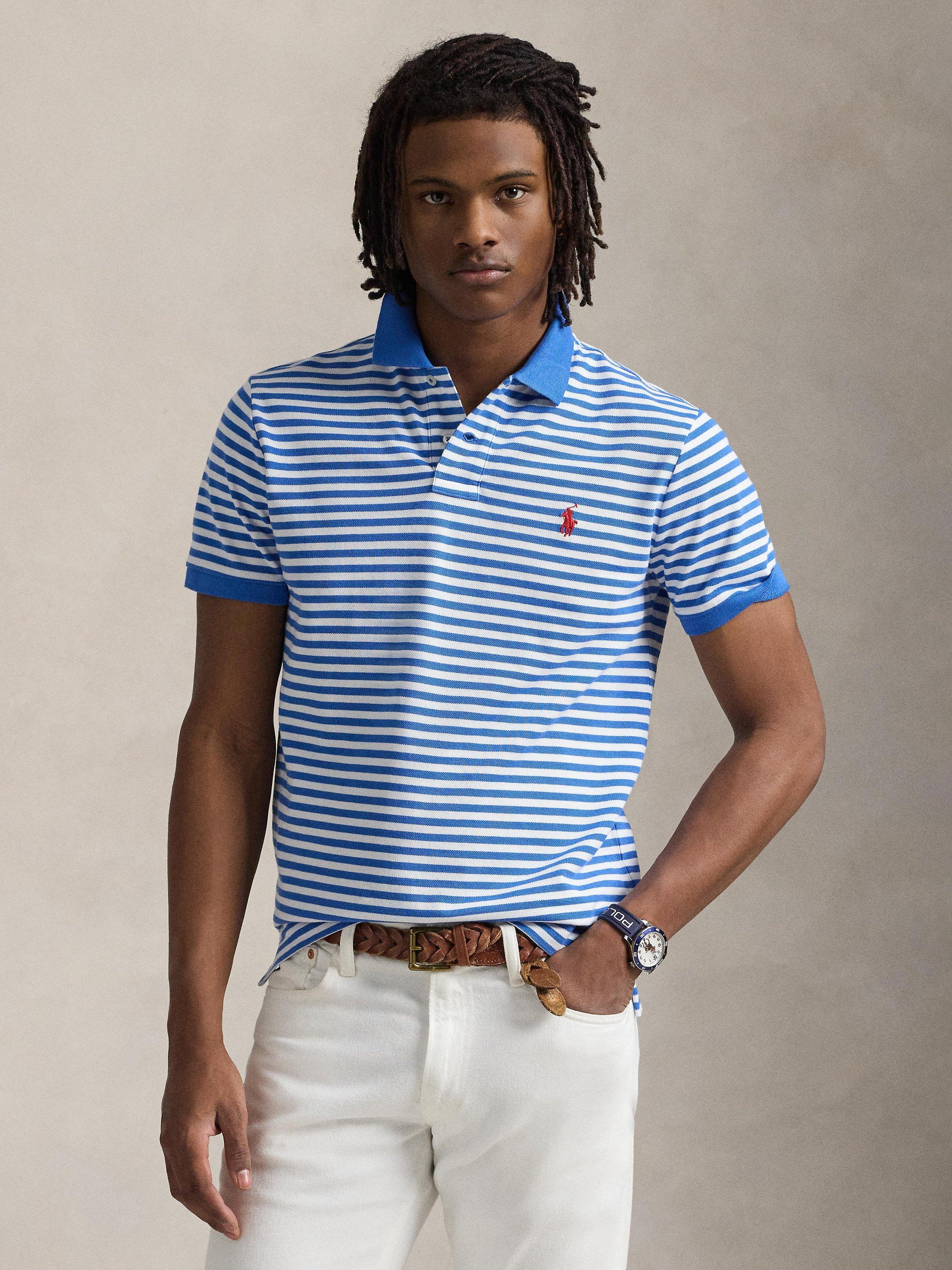 Ralph Lauren Stripe Cotton Mesh Regular Fit Polo Shirt, Carmel Pink/White, Embayment Blue/White