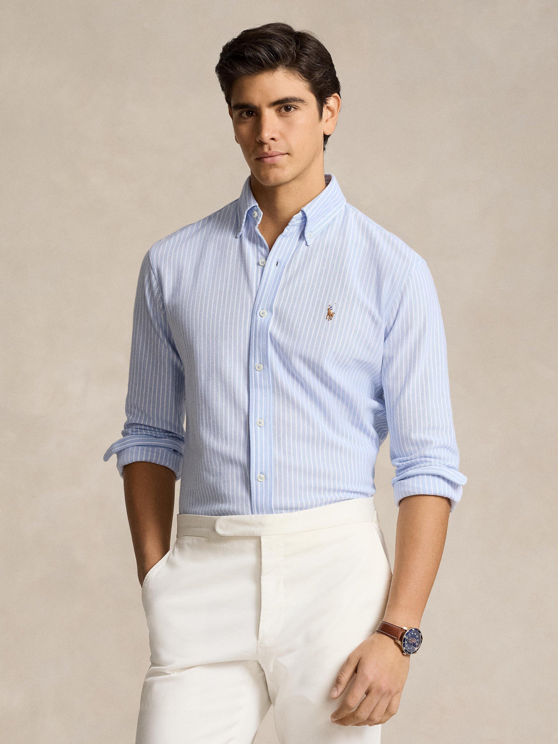 Ralph Lauren Stripe Cotton Mesh Button Down Shirt, Blue/White