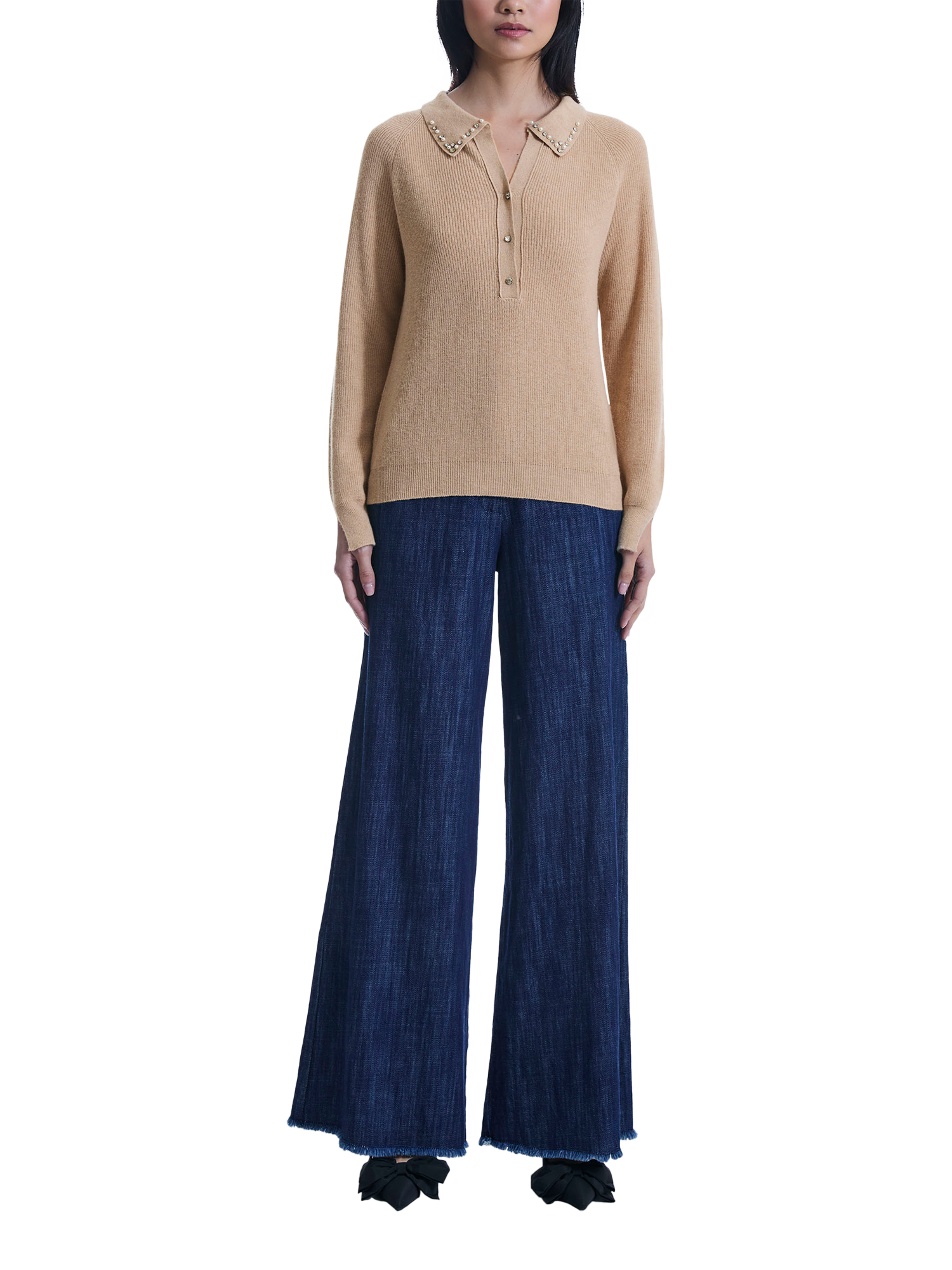 Product image 1 of 6, which shows James Lakeland Pearl Jewel V-Neck Jumper, Camel, 8