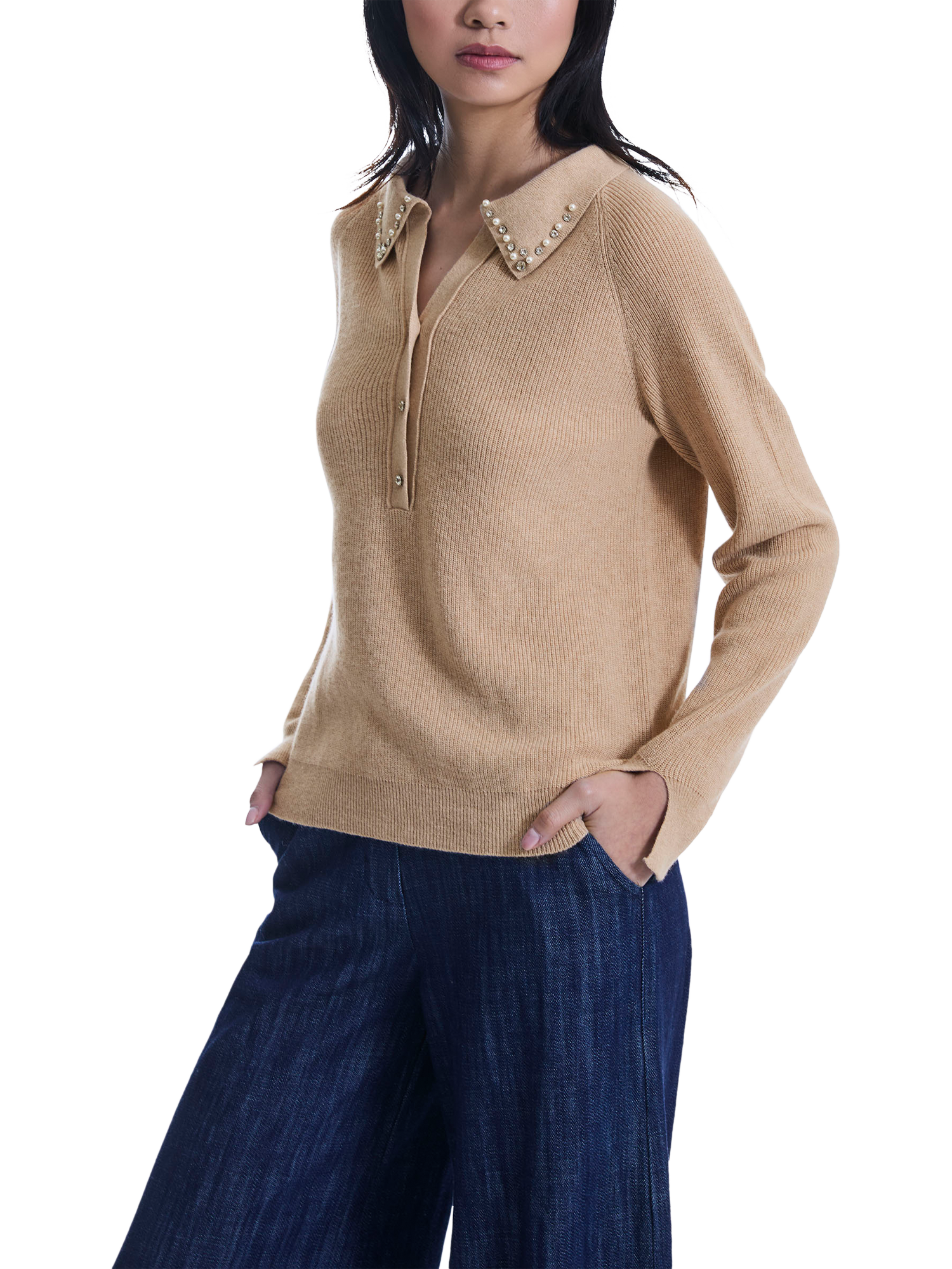 Product image 3 of 6, which shows James Lakeland Pearl Jewel V-Neck Jumper, Camel, 8
