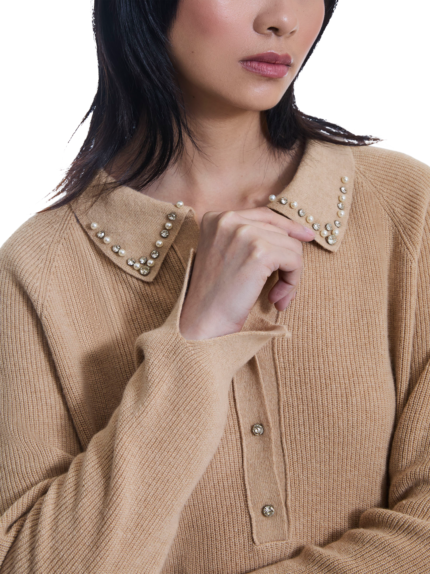 Product image 4 of 6, which shows James Lakeland Pearl Jewel V-Neck Jumper, Camel, 8