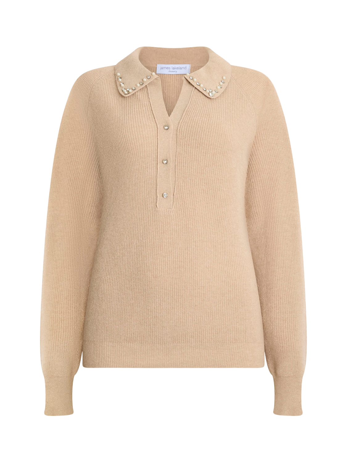 Product image 6 of 6, which shows James Lakeland Pearl Jewel V-Neck Jumper, Camel, 8