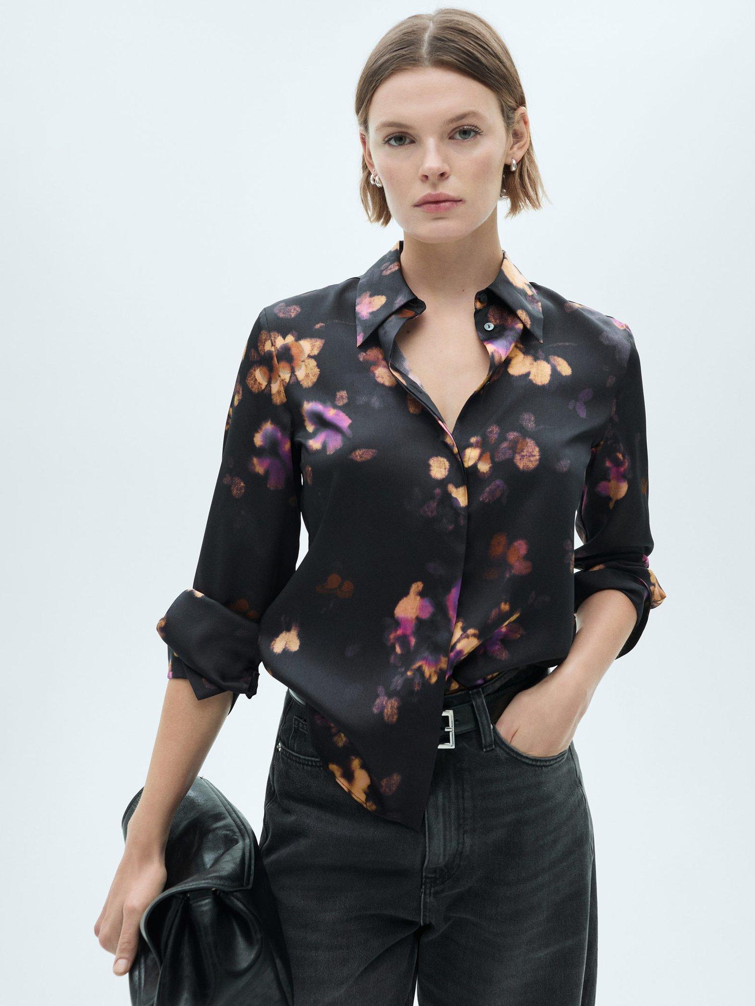 Mango Bosco Floral Satin Shirt, Black/Multi