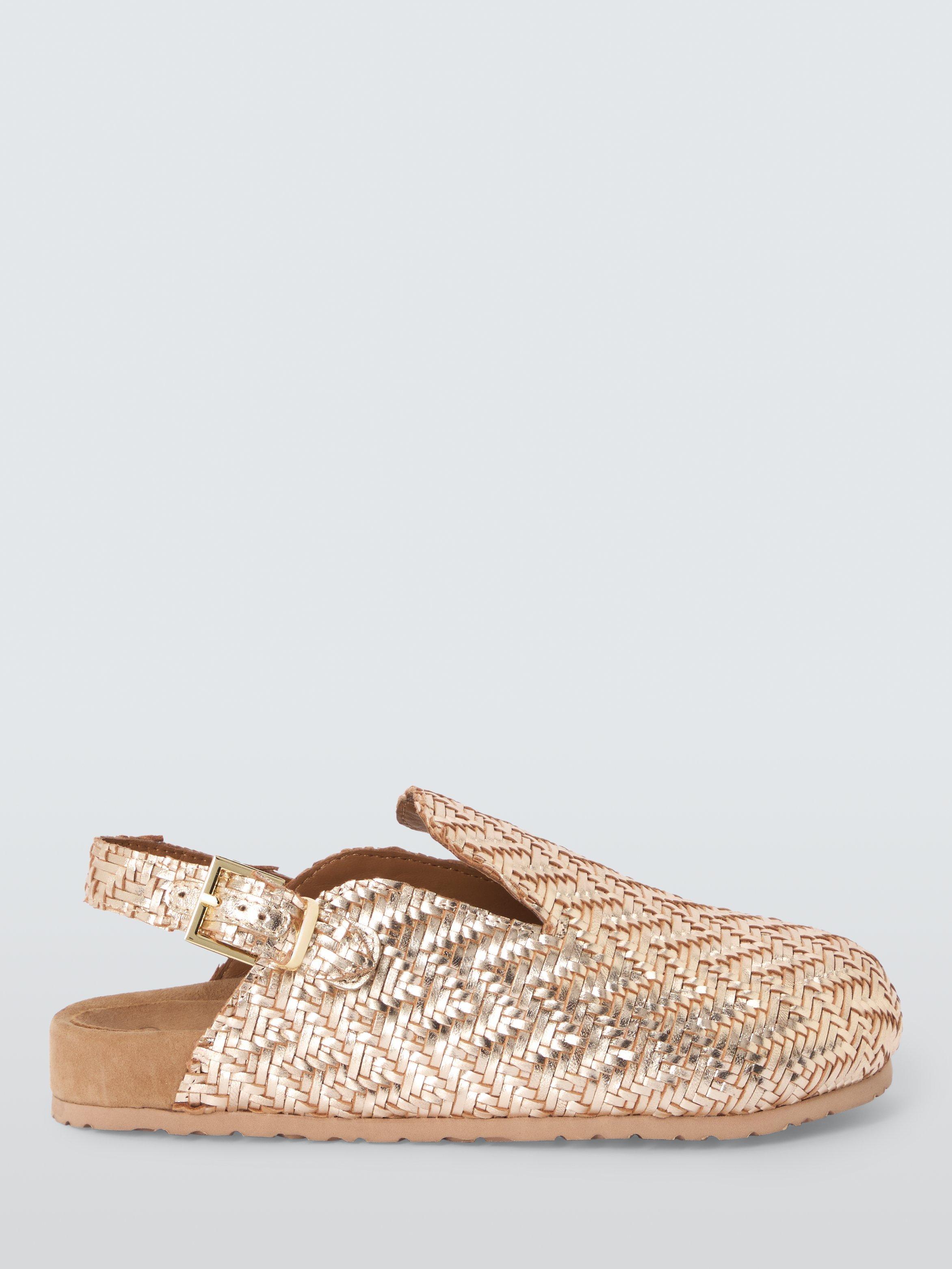 Product image 1 of 6, which shows AND/OR Lakes Leather Woven Footbed Mule Sandals, Gold, 3