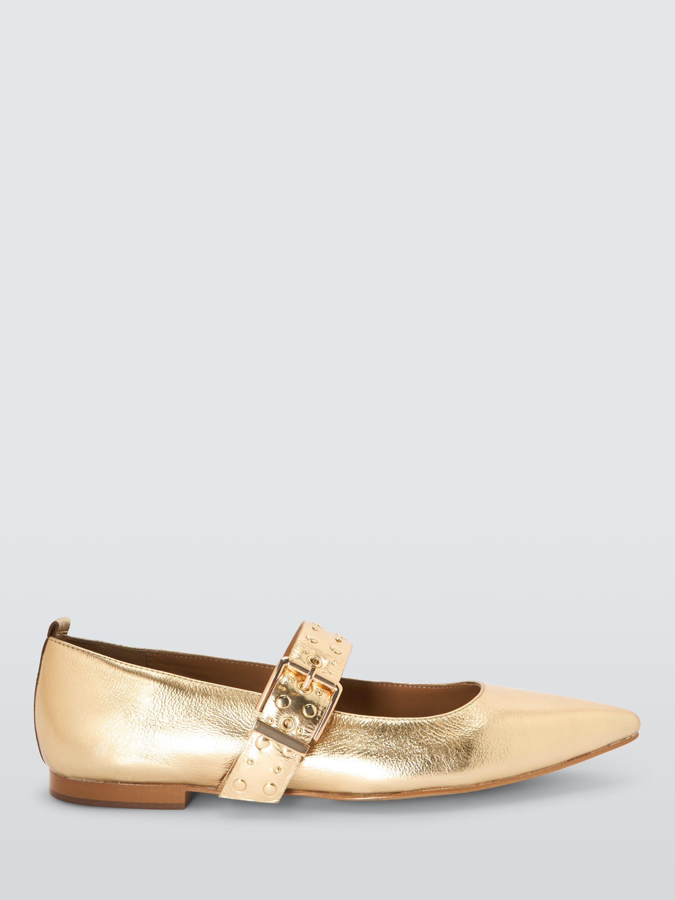 Product image 1 of 6, which shows AND/OR Herve Leather Buckle Mary Jane Studded Ballerina Pumps, Gold, 3