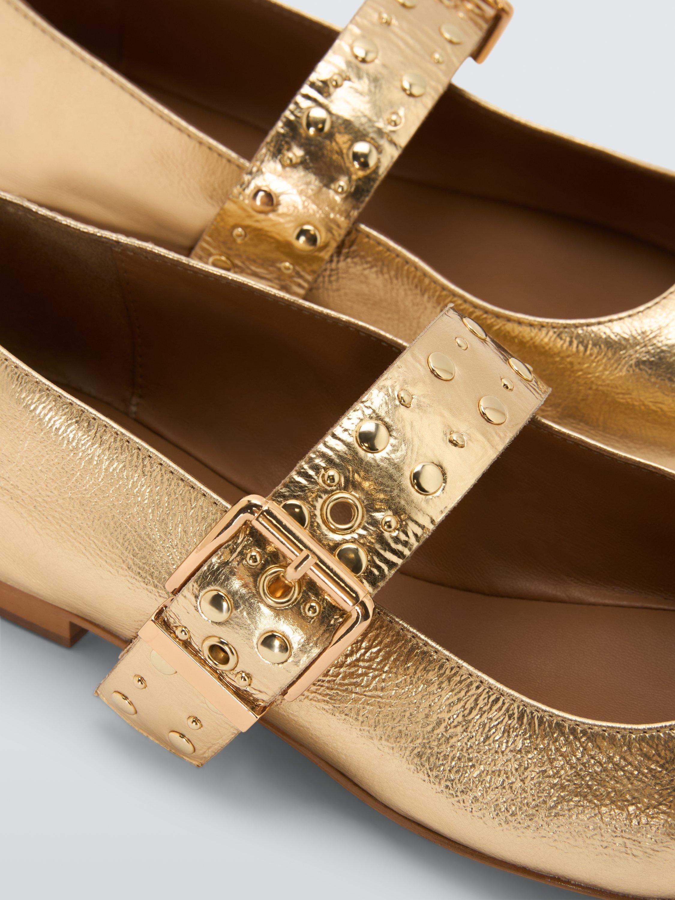 Product image 5 of 6, which shows AND/OR Herve Leather Buckle Mary Jane Studded Ballerina Pumps, Gold, 3