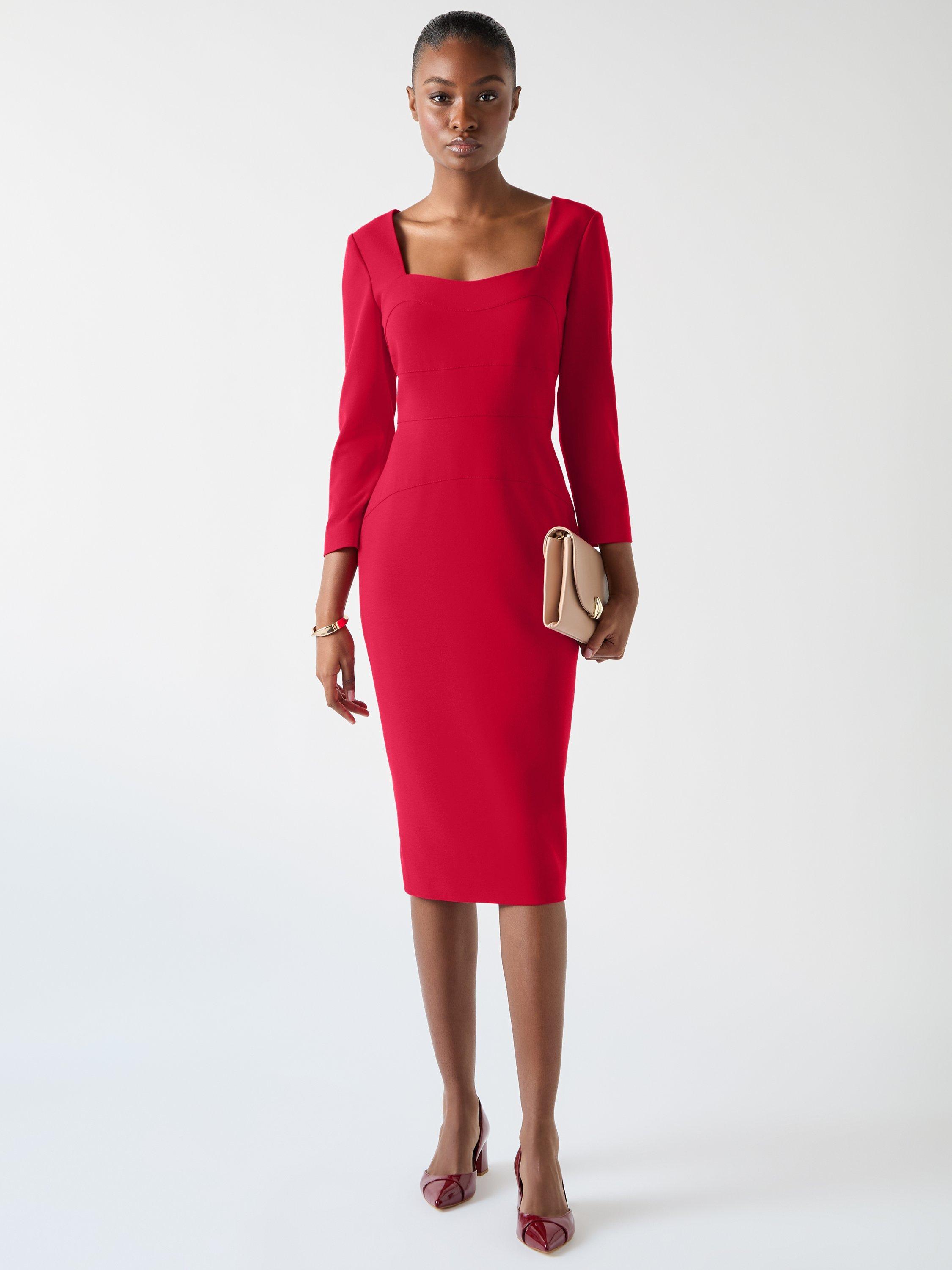 Product image 1 of 5, which shows L.K.Bennett Altyn Fitted Crepe Midi Dress, Red, 14