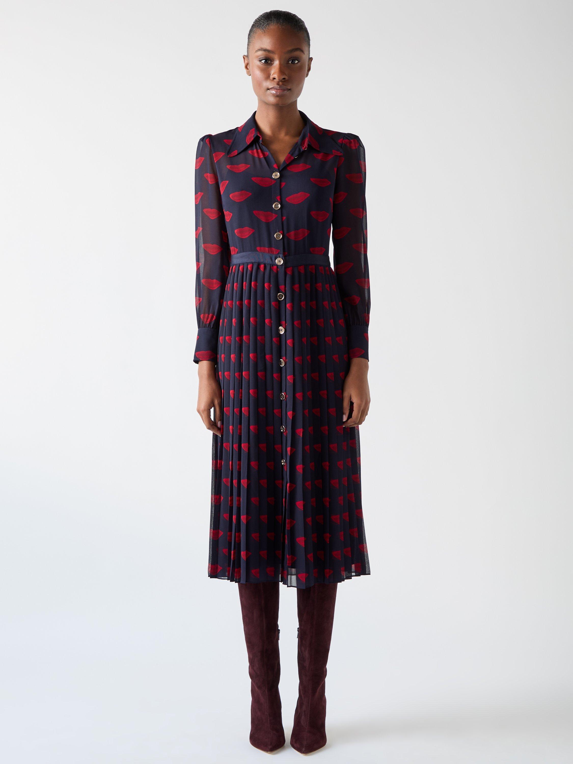 Product image 1 of 4, which shows L.K.Bennett Tallis Lips Shirt Dress, Navy/Red, 12