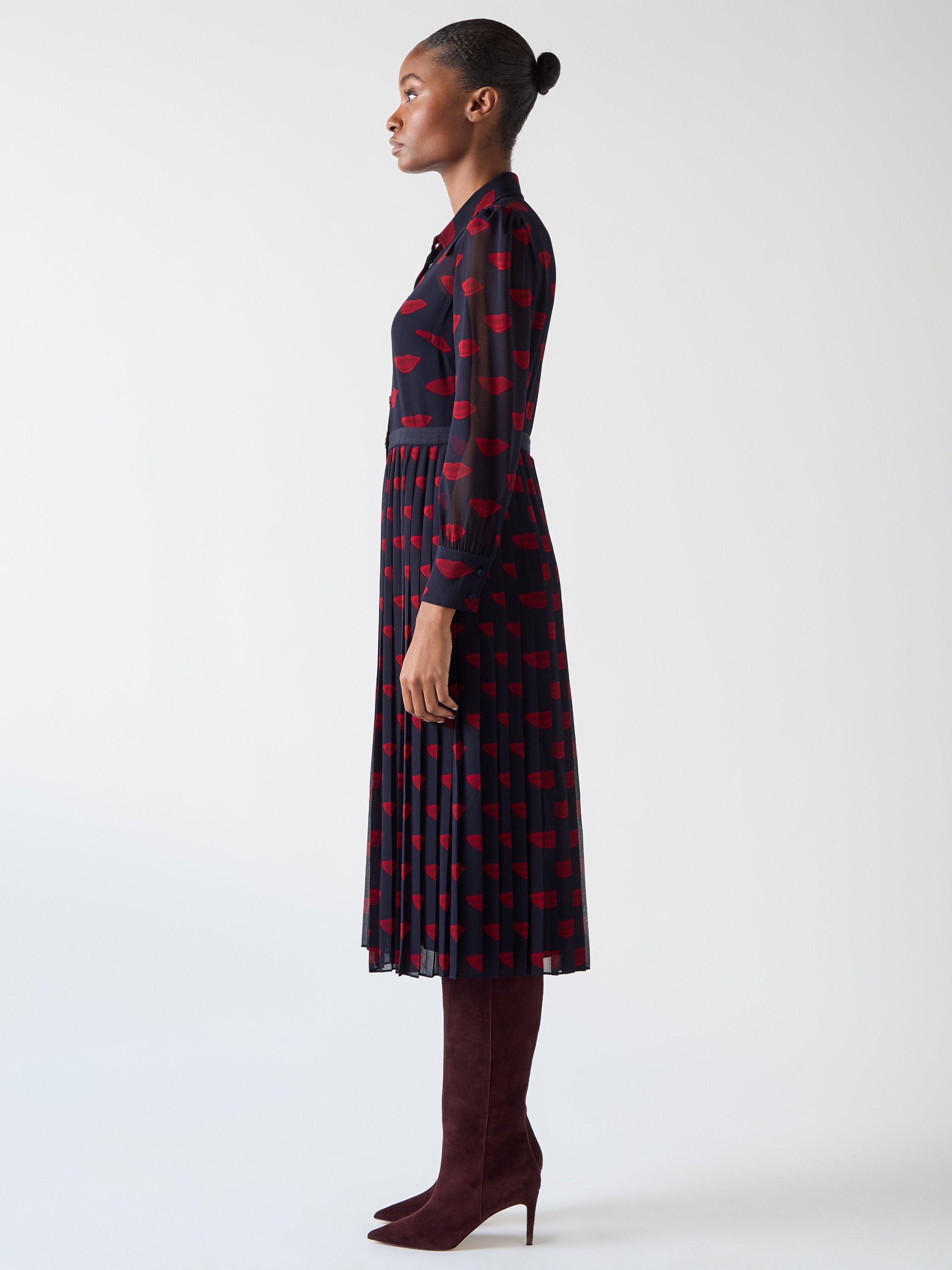 Product image 2 of 4, which shows L.K.Bennett Tallis Lips Shirt Dress, Navy/Red, 12