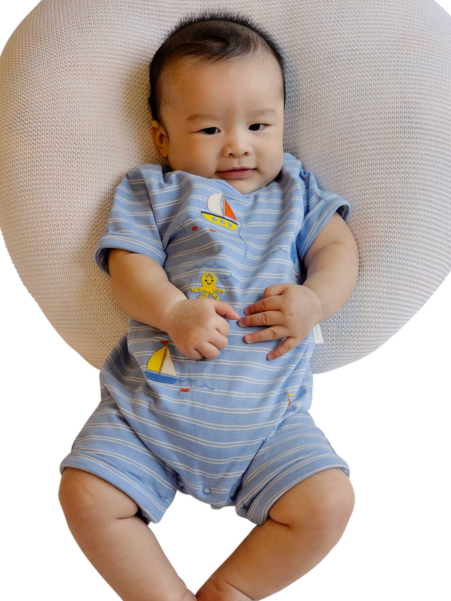 Product image 1 of 6, which shows Purebaby Baby Organic Cotton Sail Away Romper, Surf Stripe, Newborn