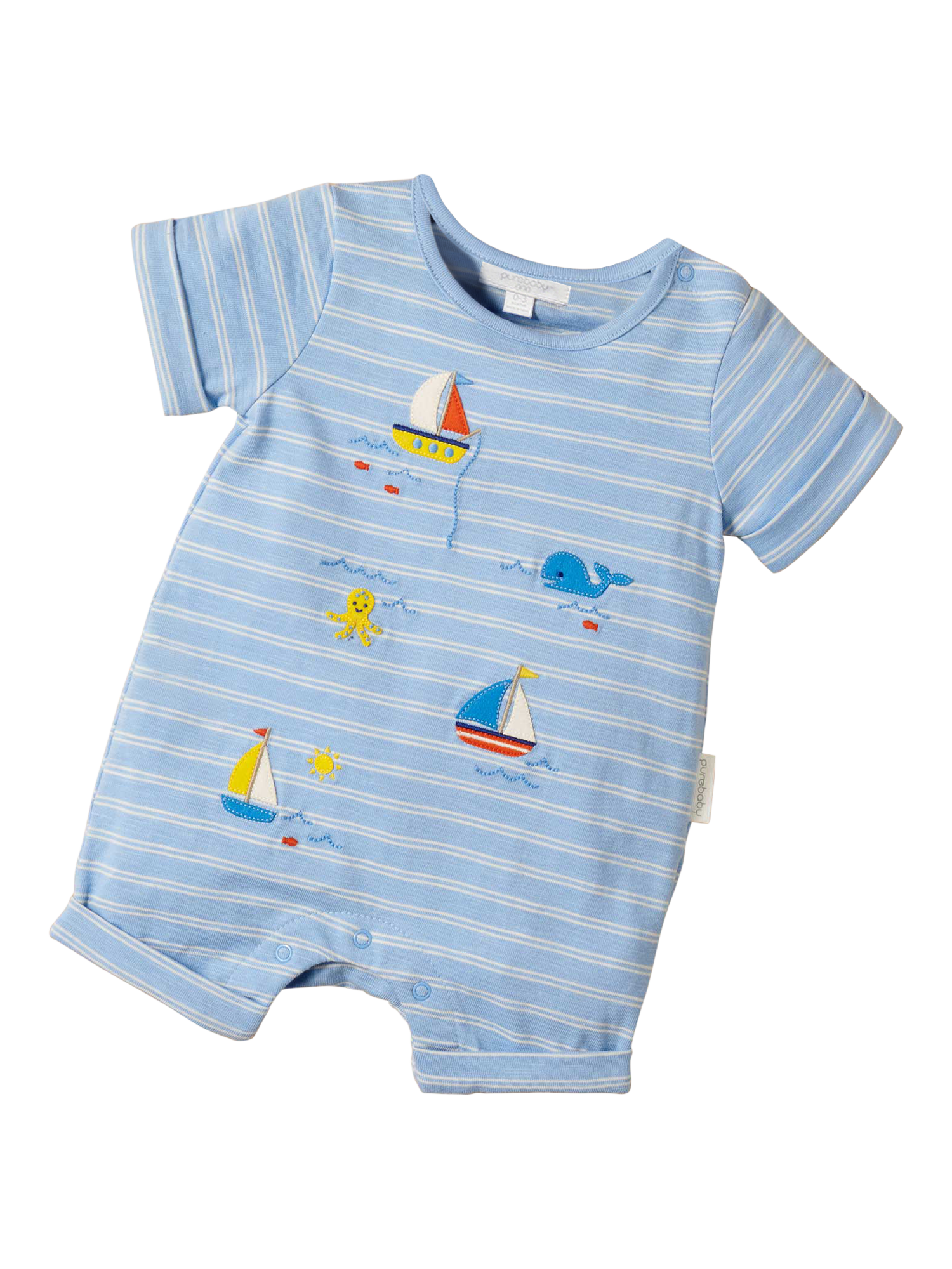 Product image 2 of 6, which shows Purebaby Baby Organic Cotton Sail Away Romper, Surf Stripe, Newborn