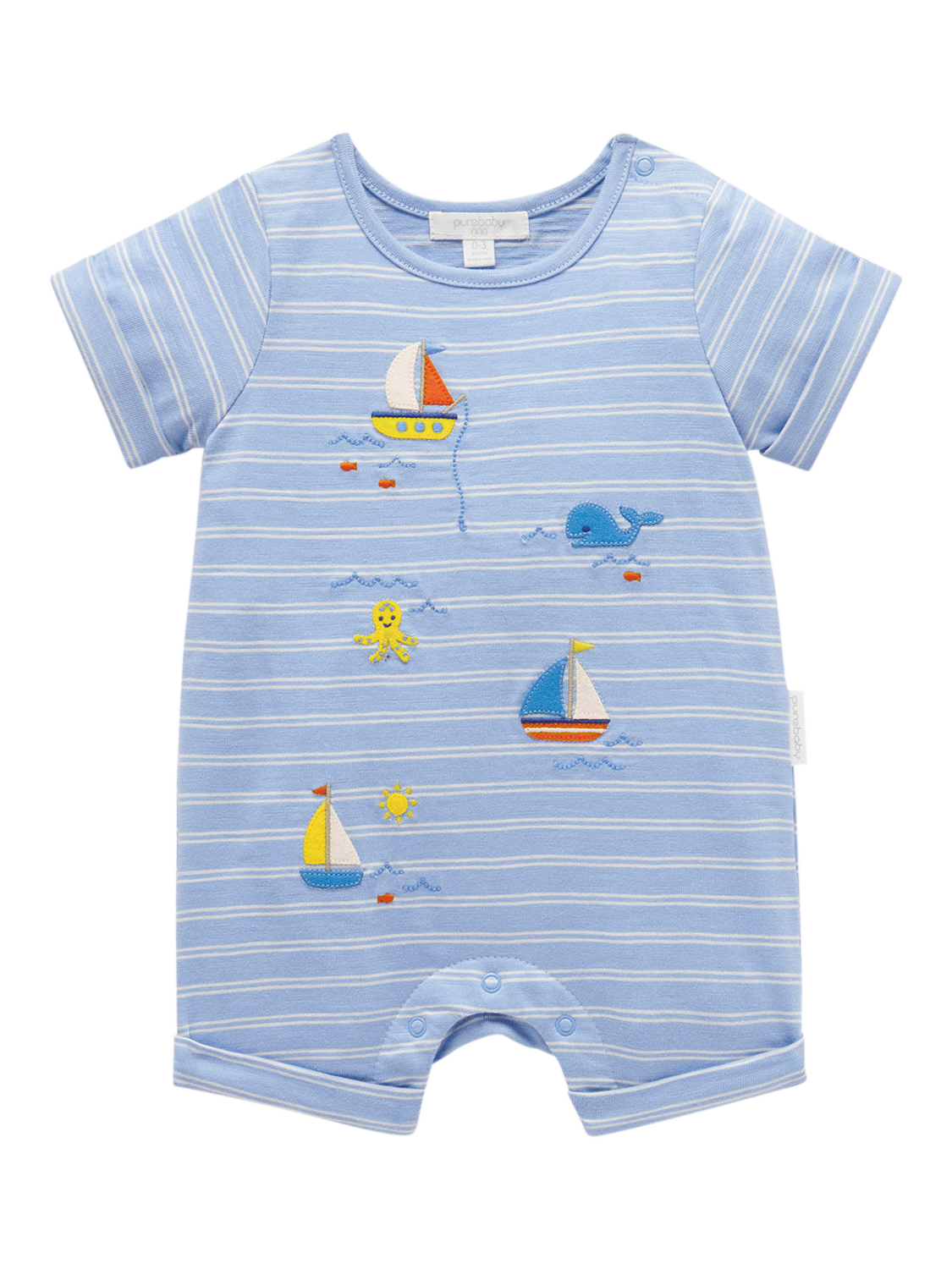 Product image 3 of 6, which shows Purebaby Baby Organic Cotton Sail Away Romper, Surf Stripe, Newborn
