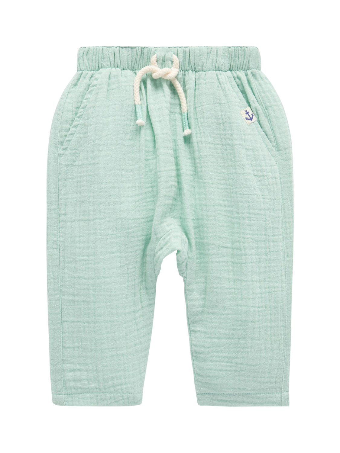 Product image 1 of 3, which shows Purebaby Baby Organic Cotton Crinkle Slouchy Trousers, Seafoam Bubbles, 0-3 months