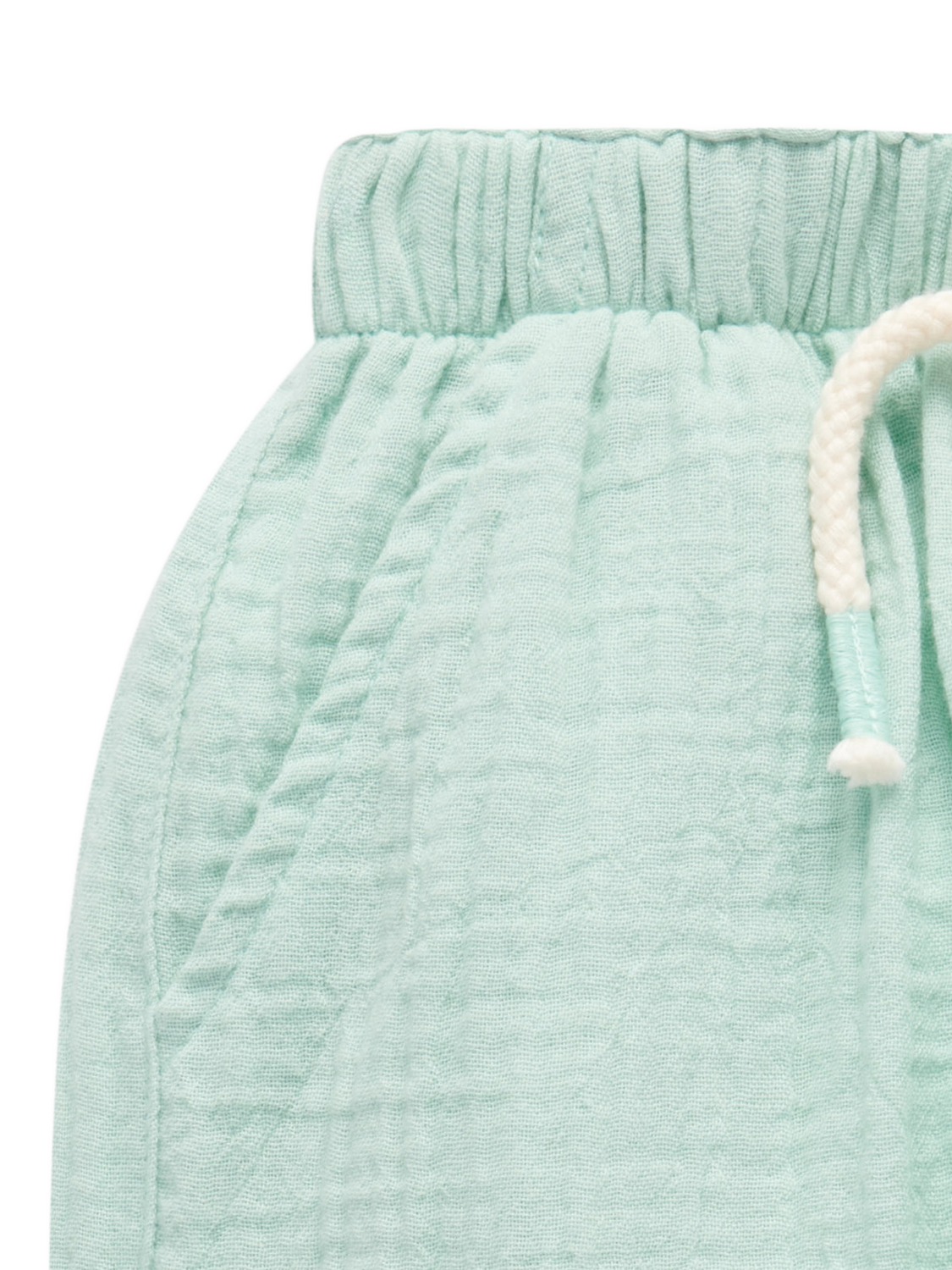 Product image 3 of 3, which shows Purebaby Baby Organic Cotton Crinkle Slouchy Trousers, Seafoam Bubbles, 0-3 months