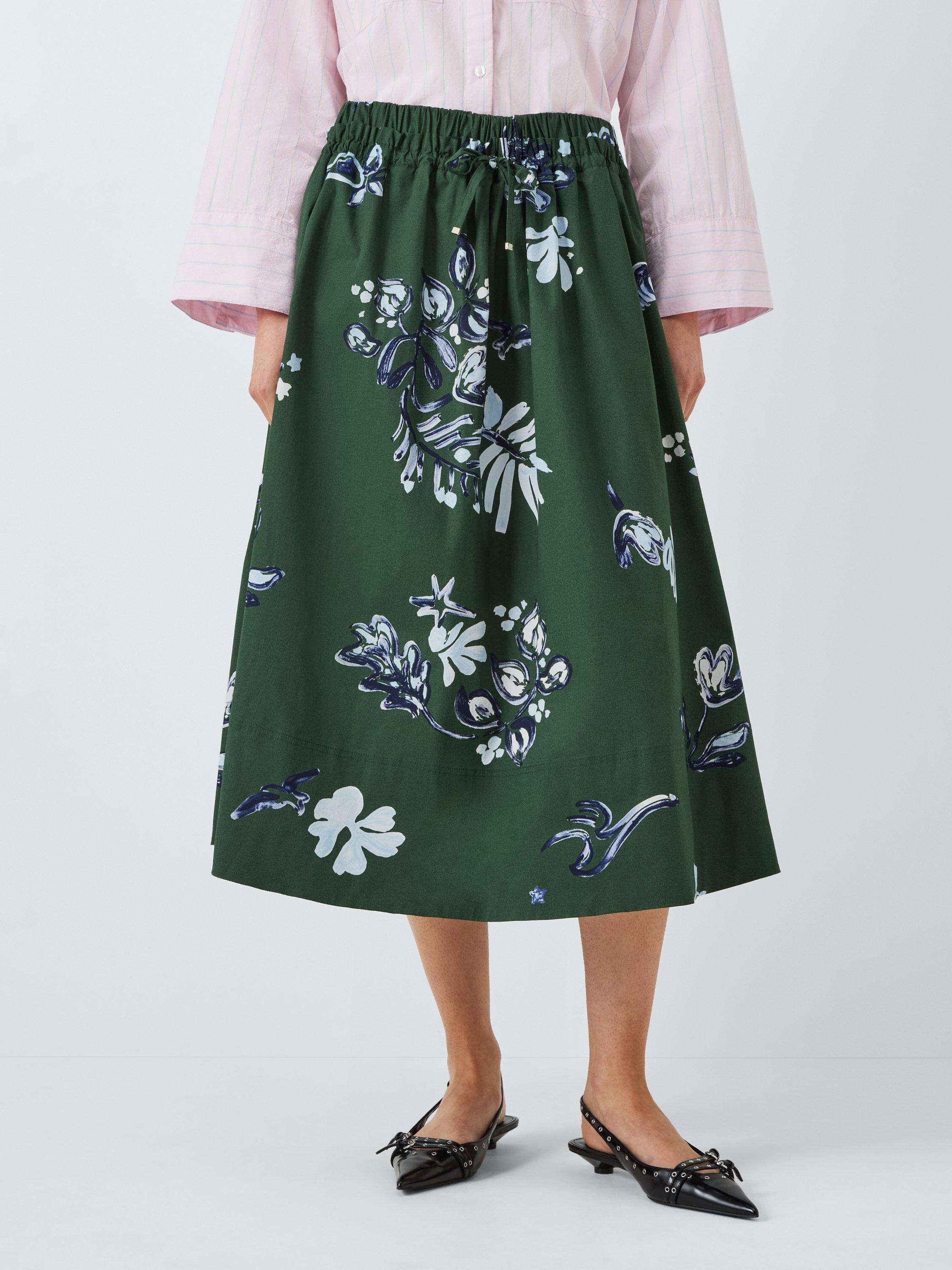 Marella Zambia Floral Print Cotton Blend Midi Skirt, Green/Multi