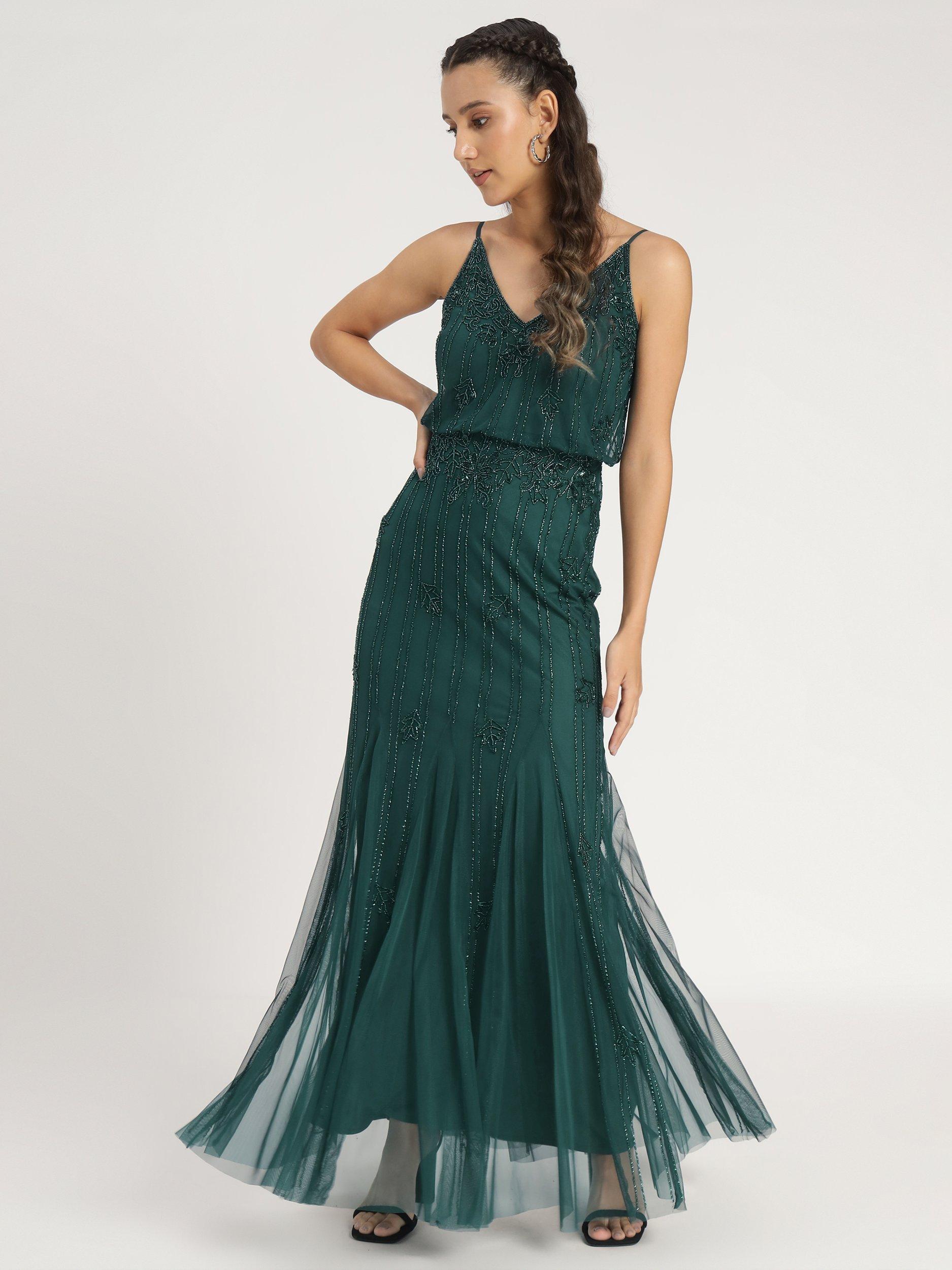 Product image 6 of 7, which shows Lace & Beads Keeva Embellished Maxi Dress, Dark Green, 10