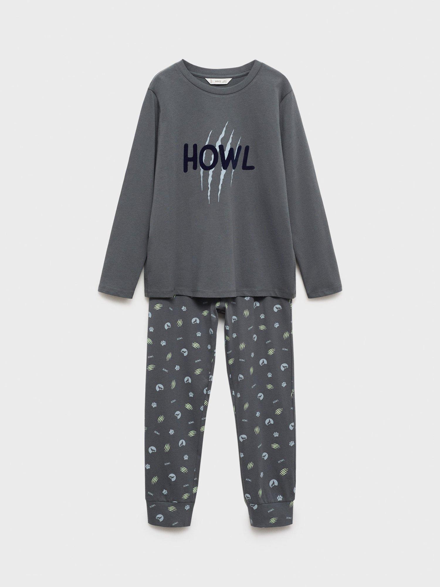 Mango Kids' Cotton Wolf Pyjamas & Mask Set, Charcoal/Multi