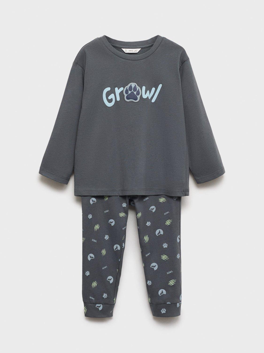 Mango Kids' Cotton Wolf Pyjamas & Mask Set, Charcoal/Multi