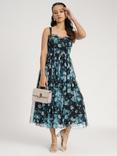 Lace & Beads Dane Floral Tulle Corset Midi Dress, Blue Multi