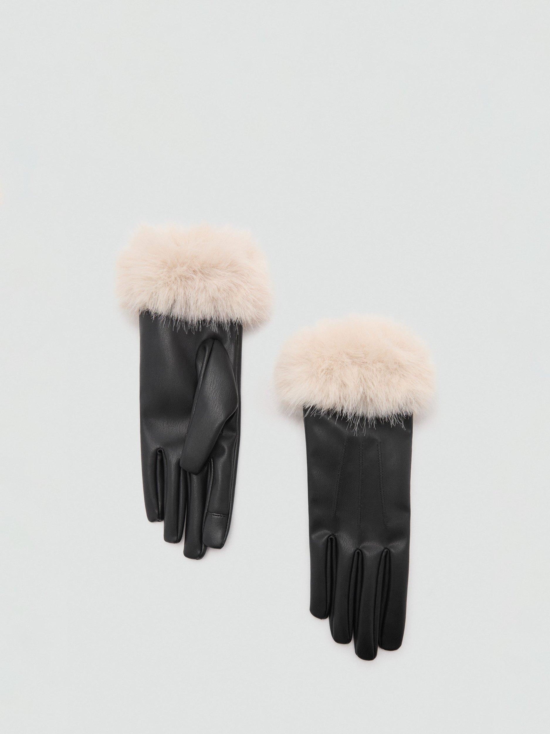 Mango Otto Faux Fur Trim Faux Leather Gloves, Light Beige