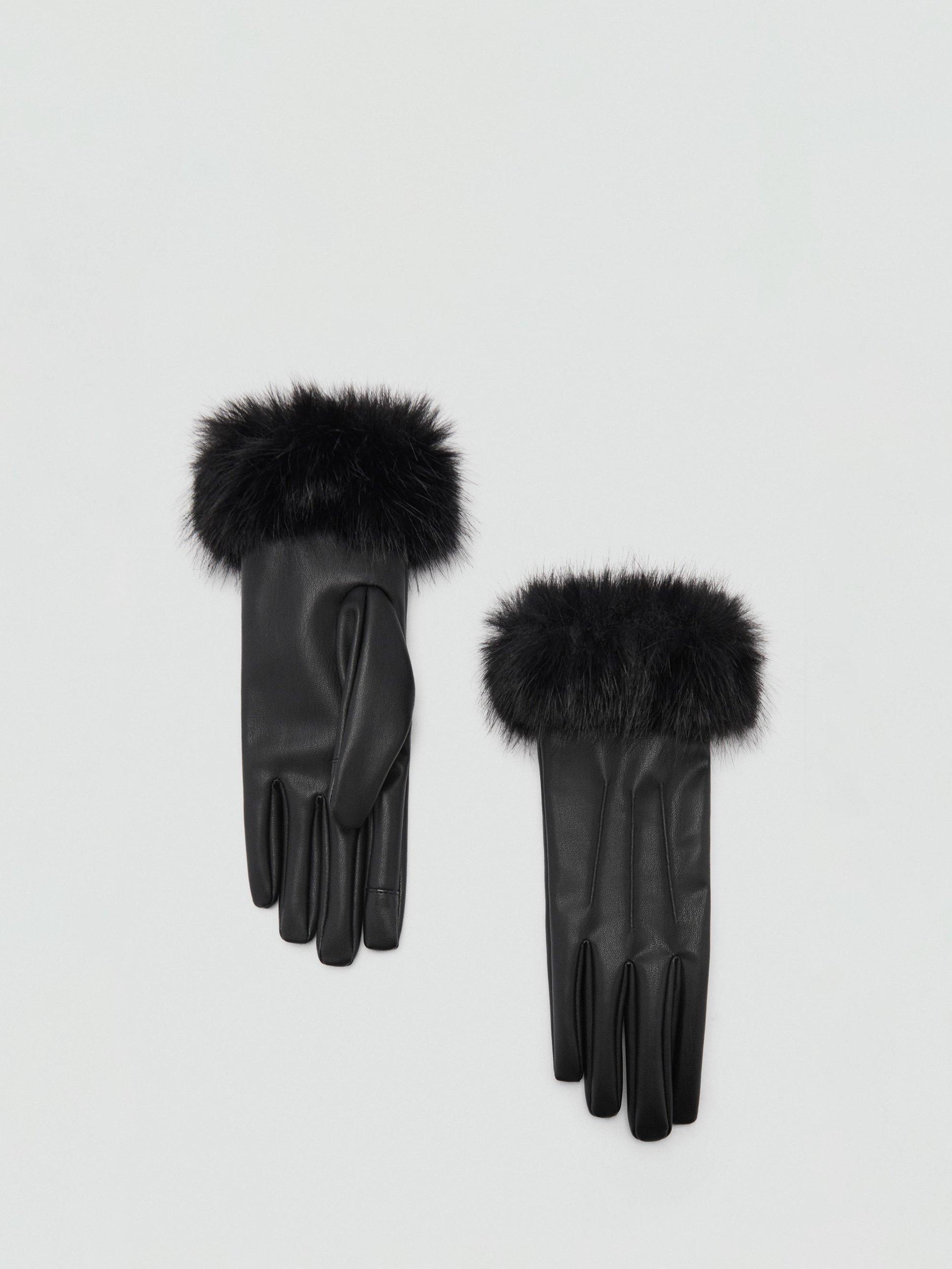 Mango Otto Faux Fur Trim Faux Leather Gloves, Black