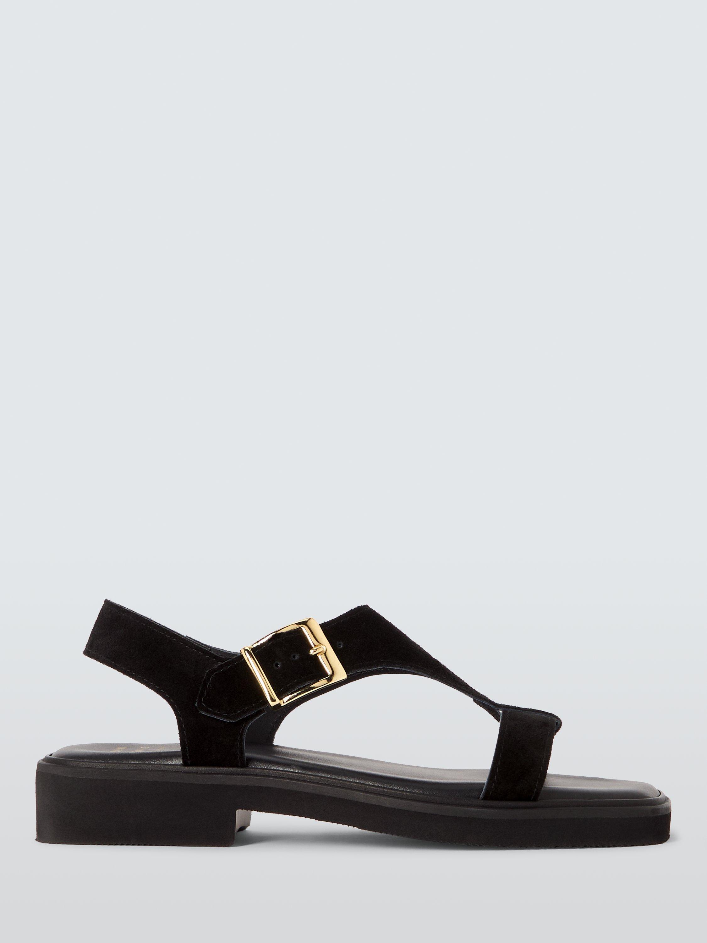 Product image 1 of 7, which shows John Lewis Lamble Suede T-Bar Padded Footbed Sandals, Black, 6