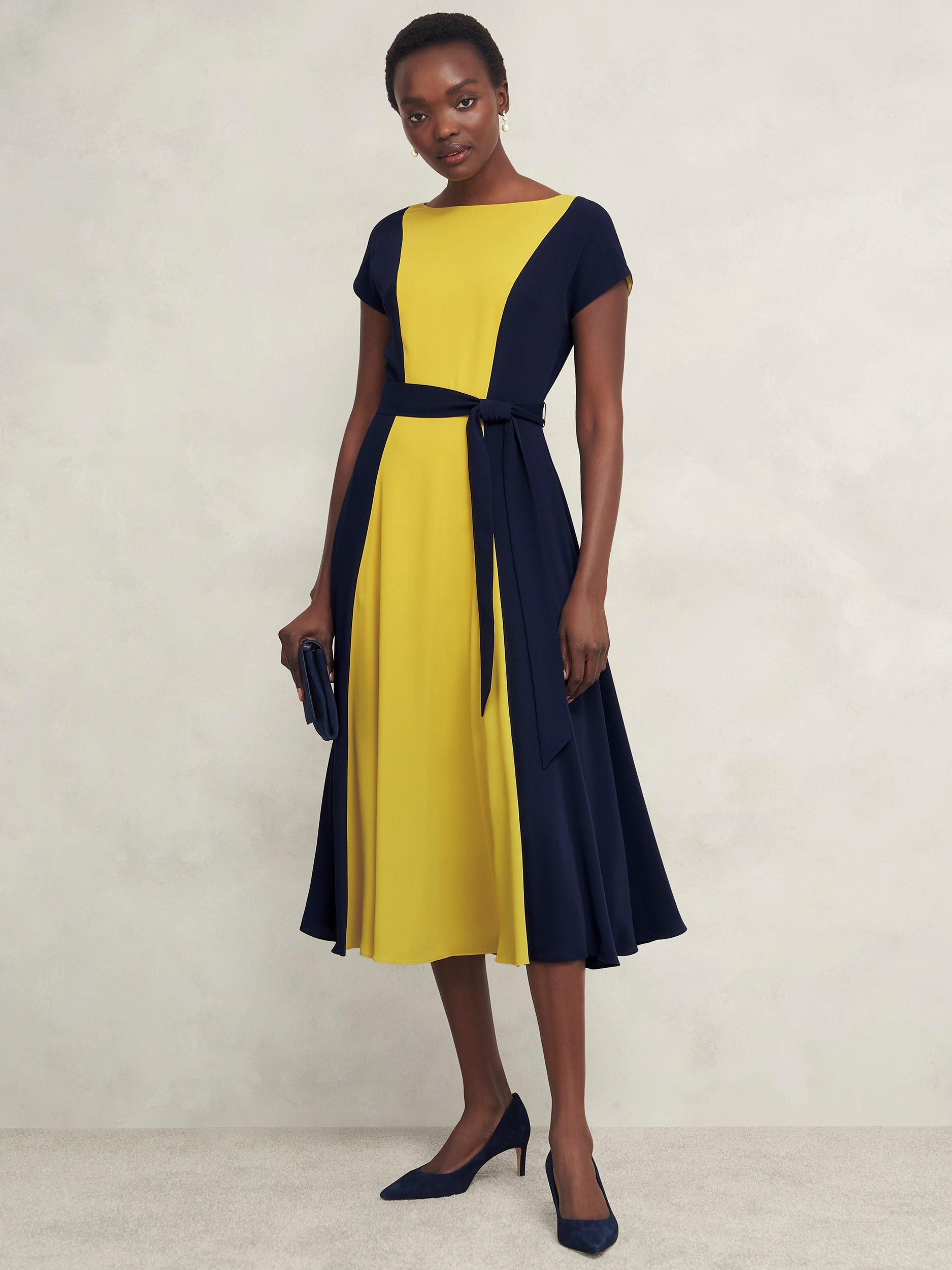 Product image 1 of 5, which shows Hobbs Petite Emery Colour Block Dress, Navy/Yellow, 10
