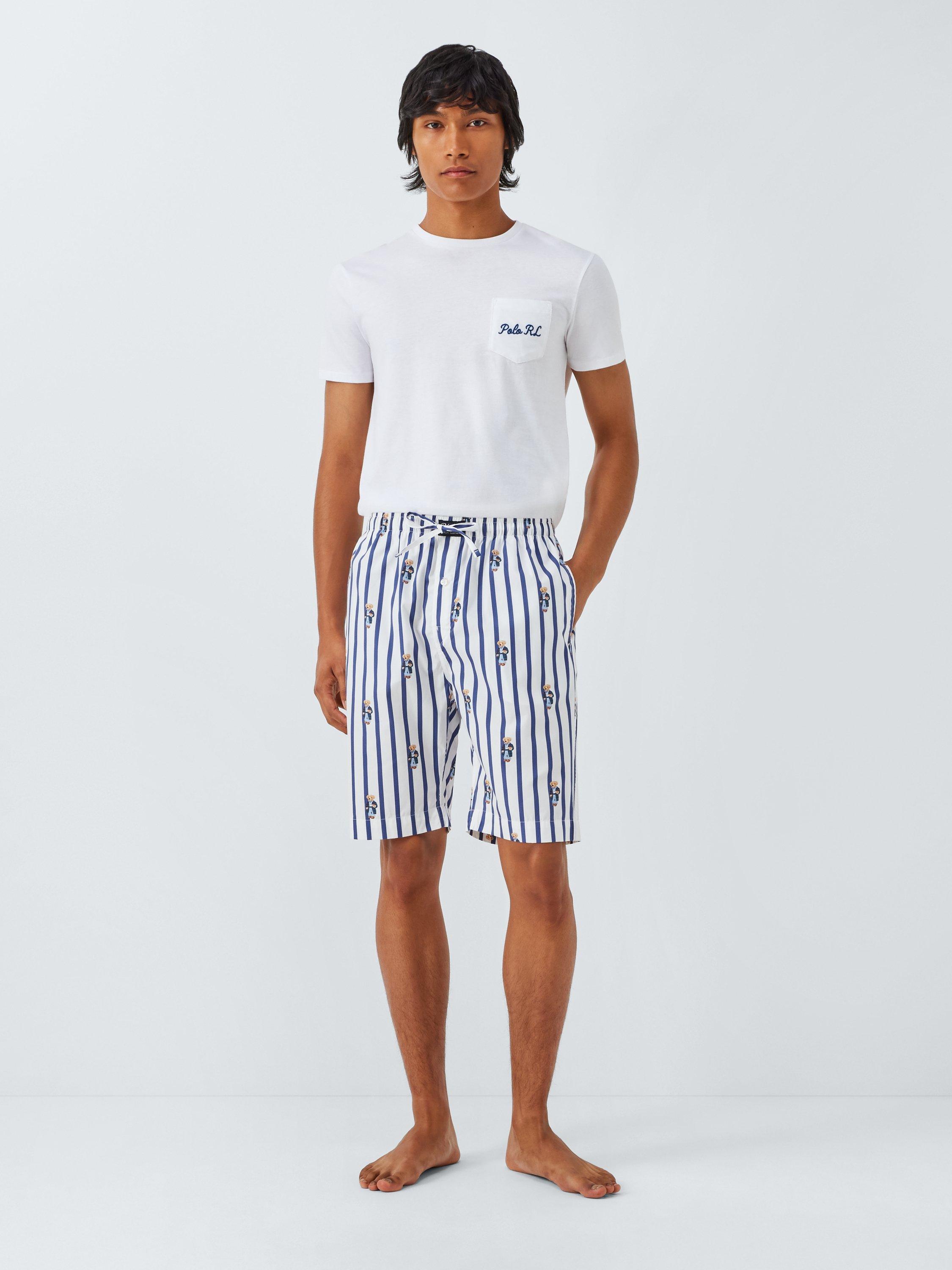 Product image 3 of 5, which shows Ralph Lauren Bear Striped Cotton Lounge Shorts, Aob Stripe, S
